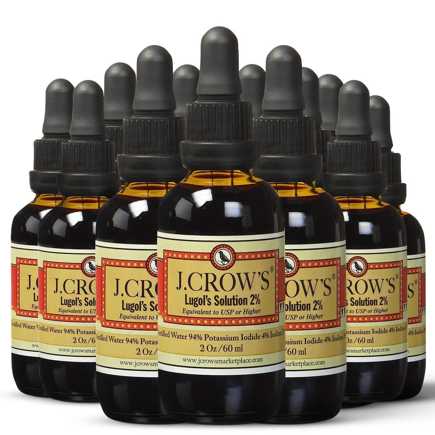 Premium J.CROW'S® Lugol's Iodine Solution 2% (2oz, 12 Bottles) - Natural Potassium Iodide Liquid for Thyroid Support & Energy Boost | Gluten-Free, Alcohol-Free, No Expiration | Ideal for Thyroid Health, Survival Kits & Emergency Preparedness
