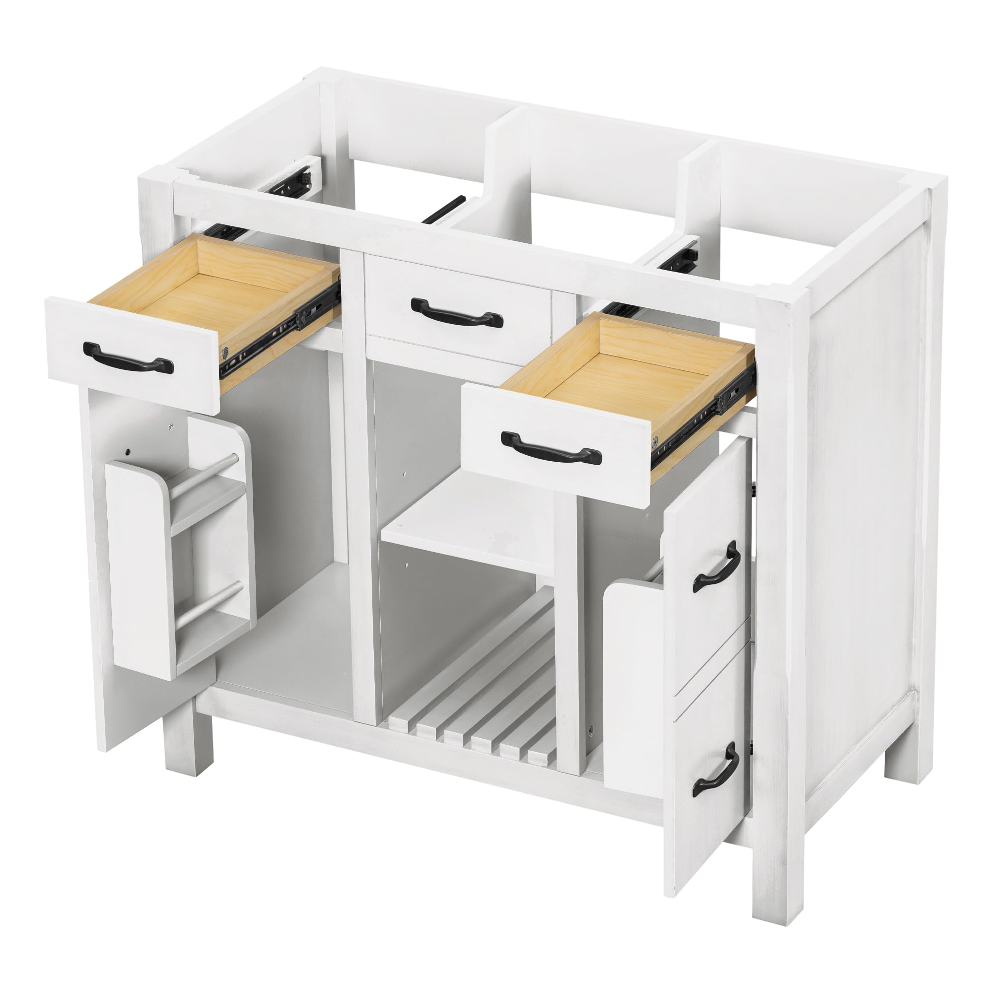 36 Inch White Modern Bathroom Vanity Without Sink - Solid Wood Storage Cabinet with 2 Drawers, 1 Open Shelf & 2 Small Cabinets - Perfect for Bathroom Organization and Small Space Storage Solutions