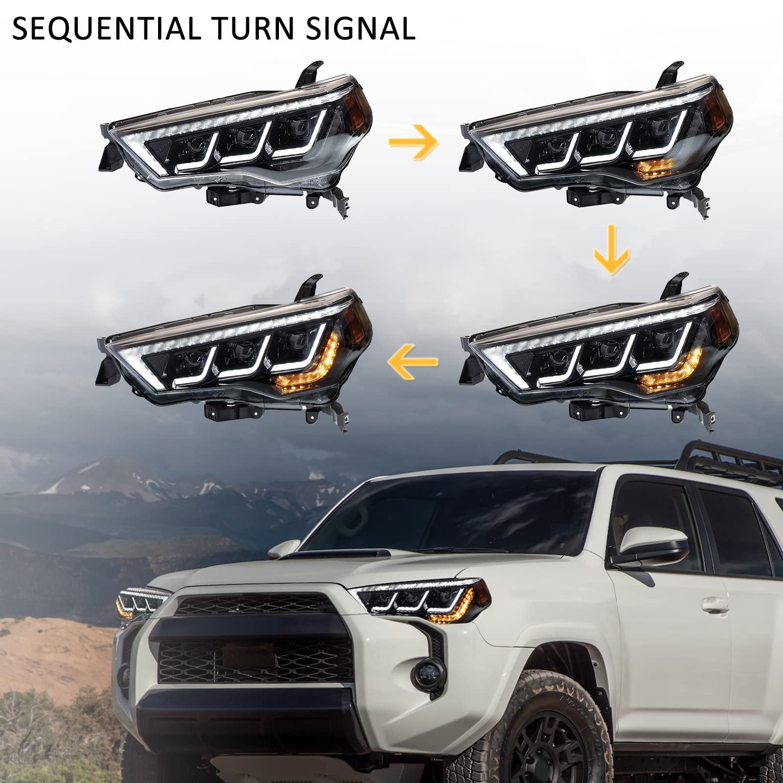 Toyota 4Runner Headlights 2014-2023 - Triple LED with Sequential Turn Signals for Off-Road & Night Driving