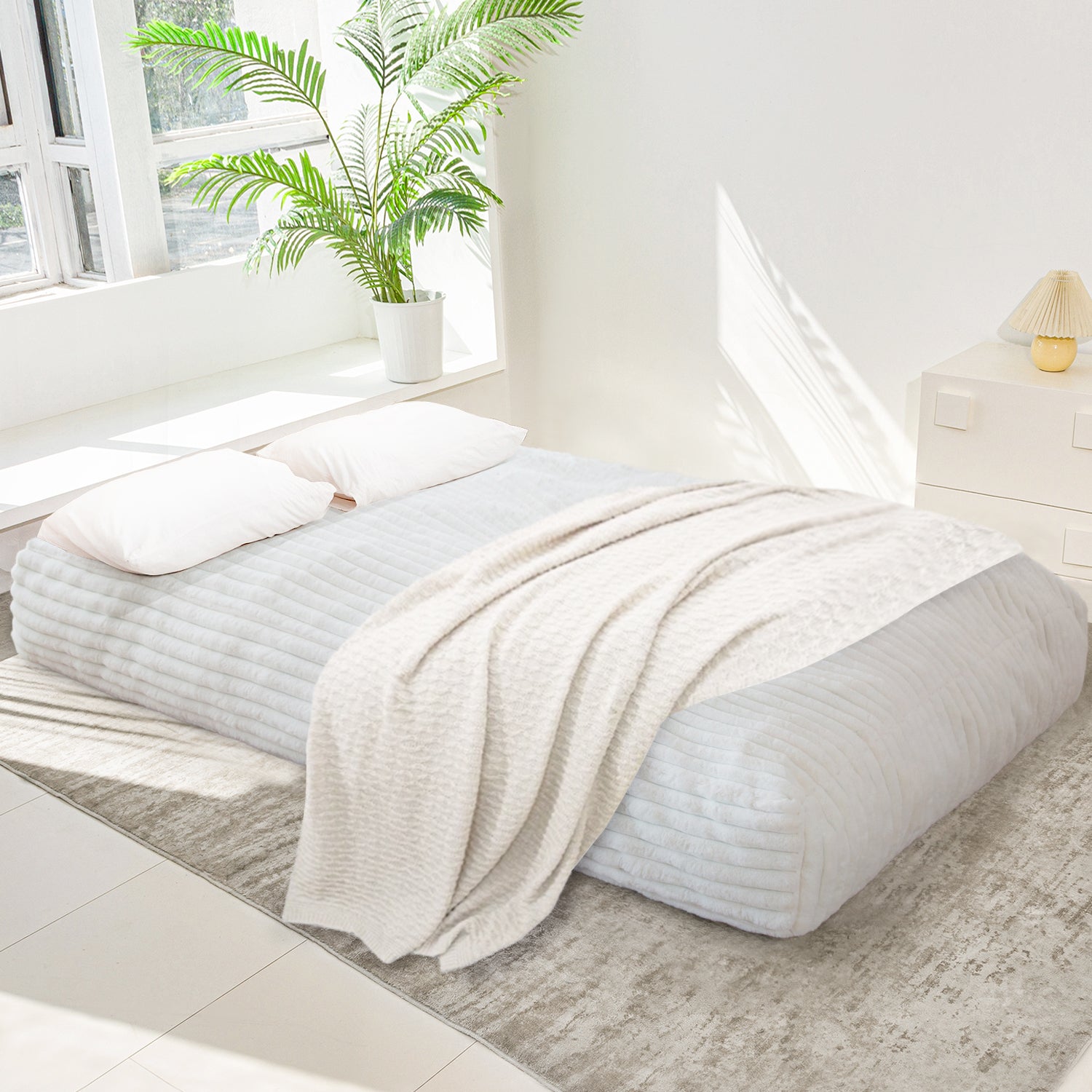 MAXYOYO Giant Bean Bag Chair Bed - Striped Faux Fur Convertible Sofa Bed for Adults & Kids, Beige - Perfect for Living Room, Bedroom, Dorm & Game Room Relaxation