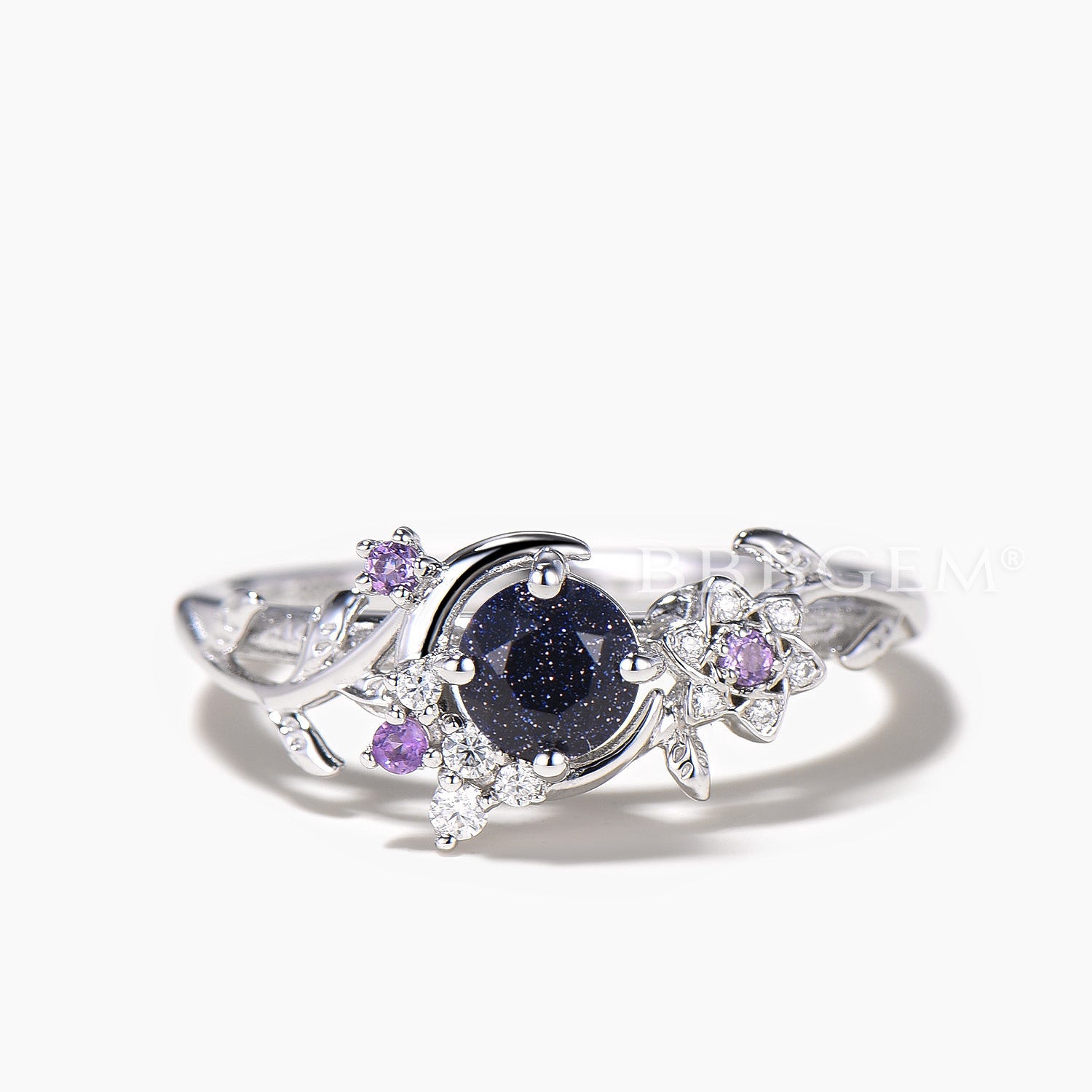 Round Galaxy Blue Sandstone Amethyst Moon Leaf Engagement Ring - Elegant Wedding Band for Women, Unique Handmade Jewelry Gift for Brides, Anniversaries & Special Occasions