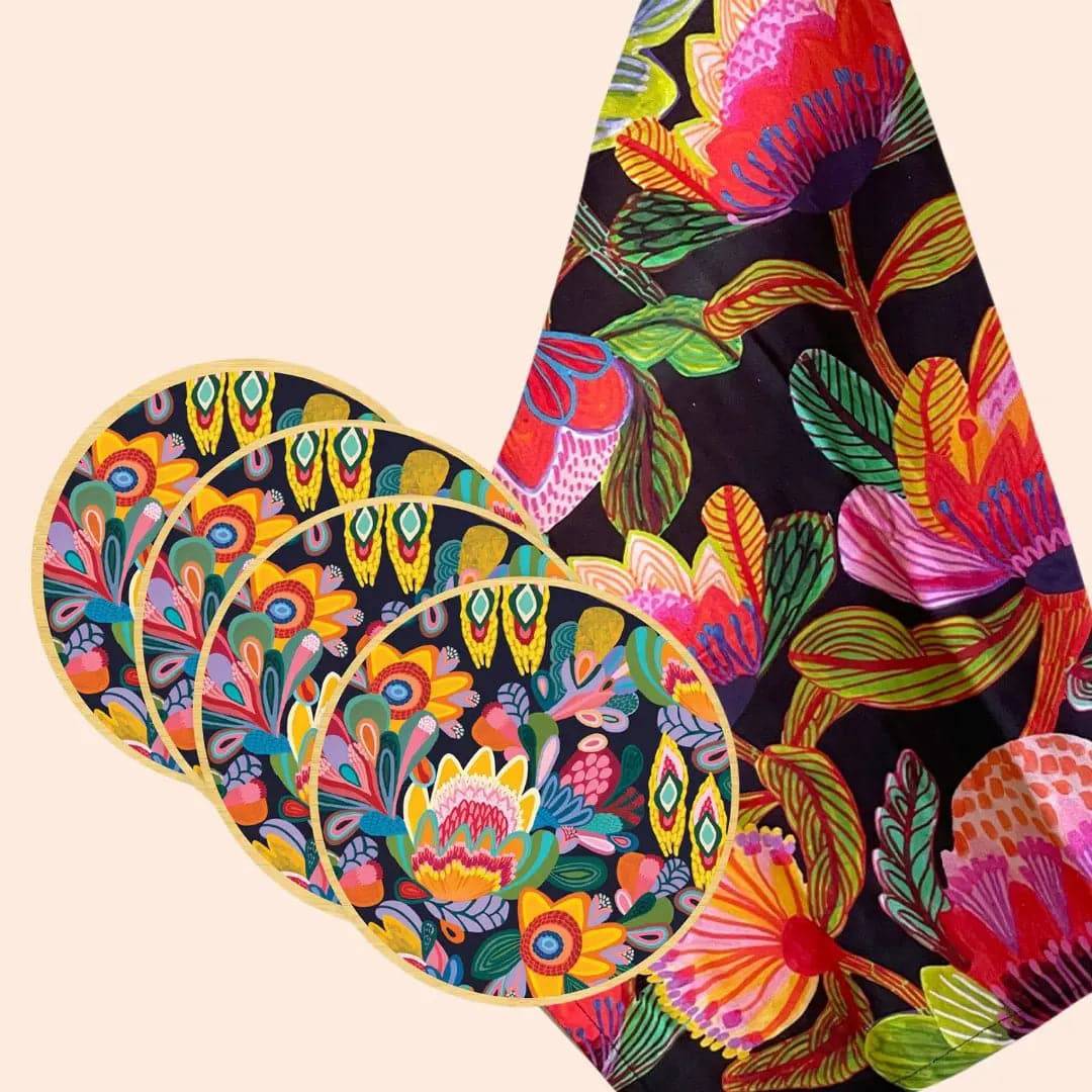 Premium Protea Fantasy Tea Towel & Australian Wooden Coaster Gift Set - Elegant Kitchen Decor & Housewarming Present for Tea Lovers