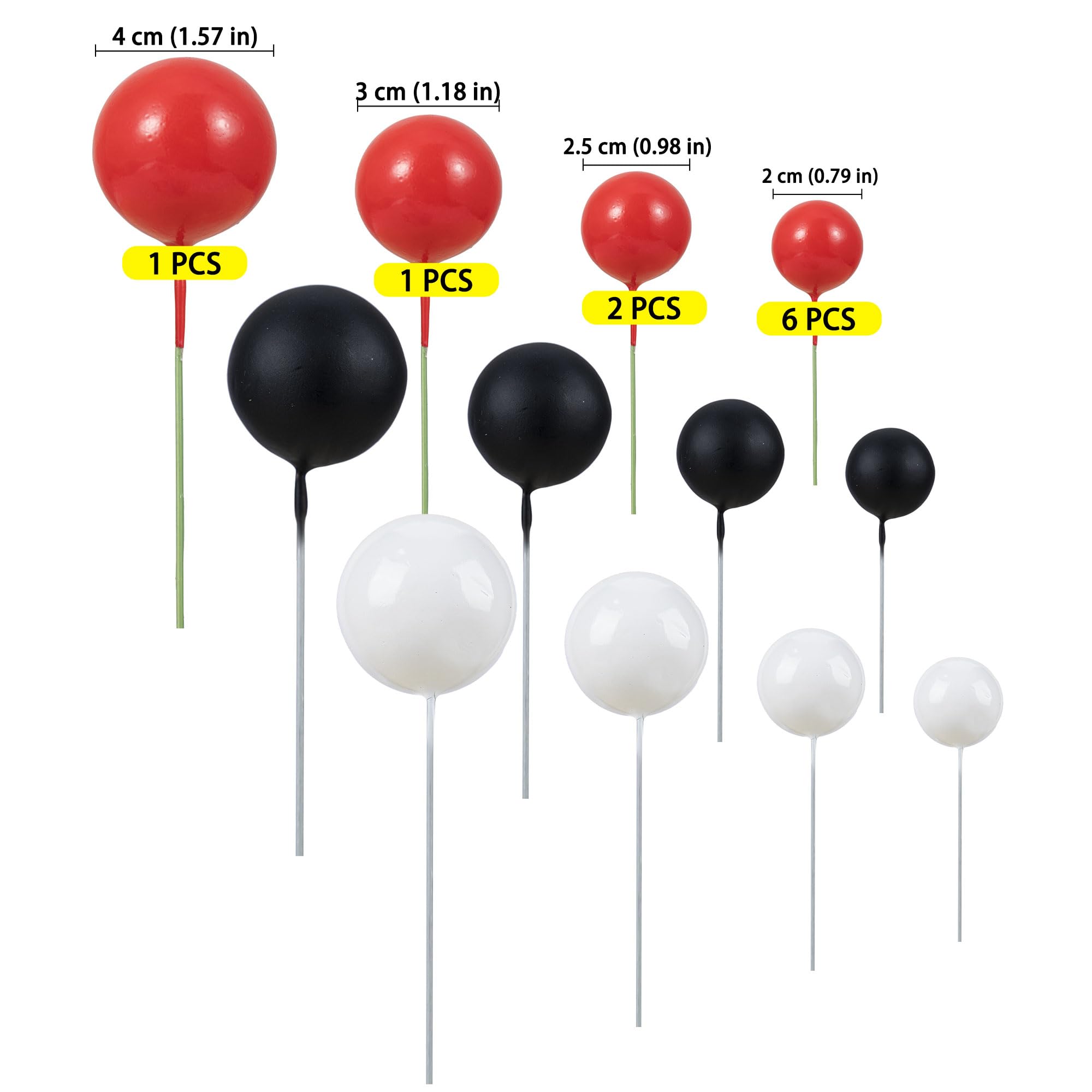30Pcs Mini Balloon Cake Toppers - Foam Ball Cake Decorations with Sticks for Wedding, Birthday Party, Baby Shower - Red, Black, White Cake Picks for DIY Dessert Decorating