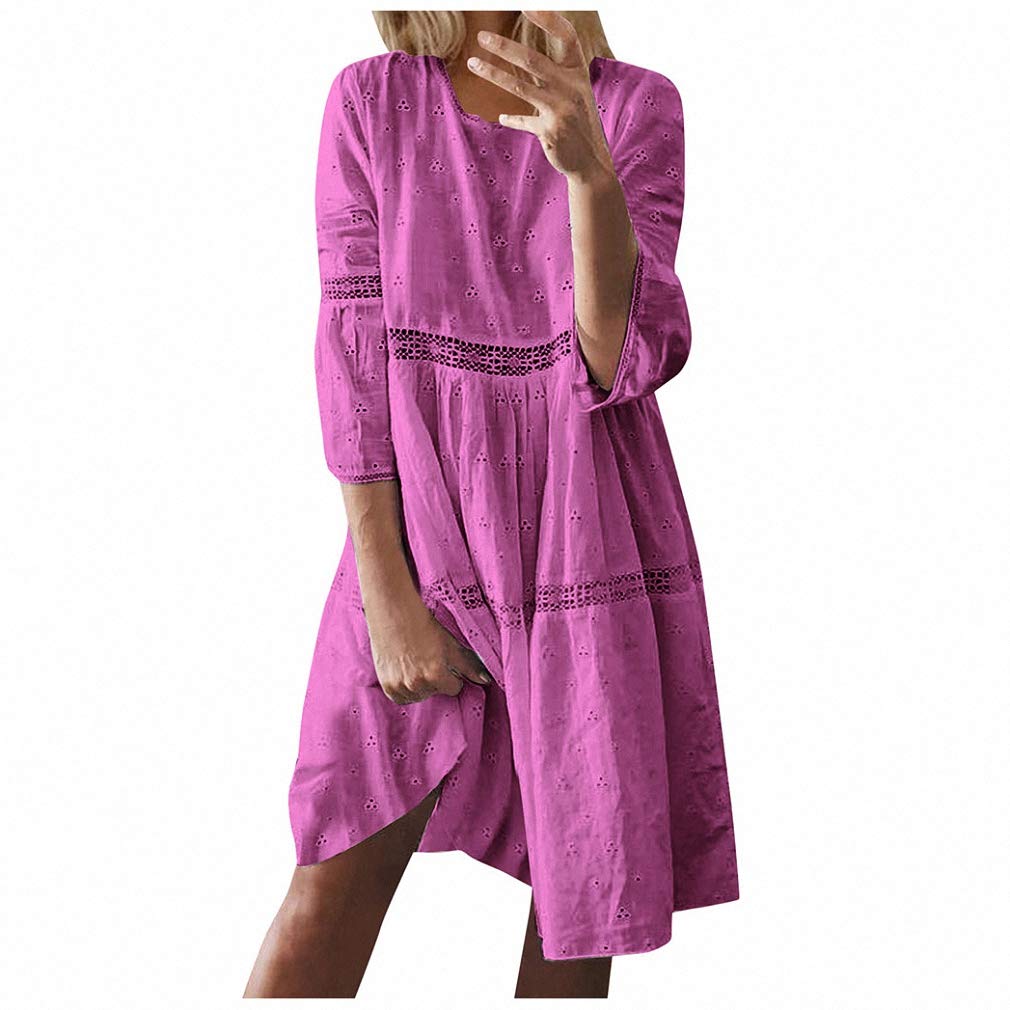 Boho Solid Crew Neck Hollow Out Spliced 3/4 Sleeve Midi Dress for Women - Plus Size Summer Beach Dress for Casual Wear, Vacation & Outdoor Activities