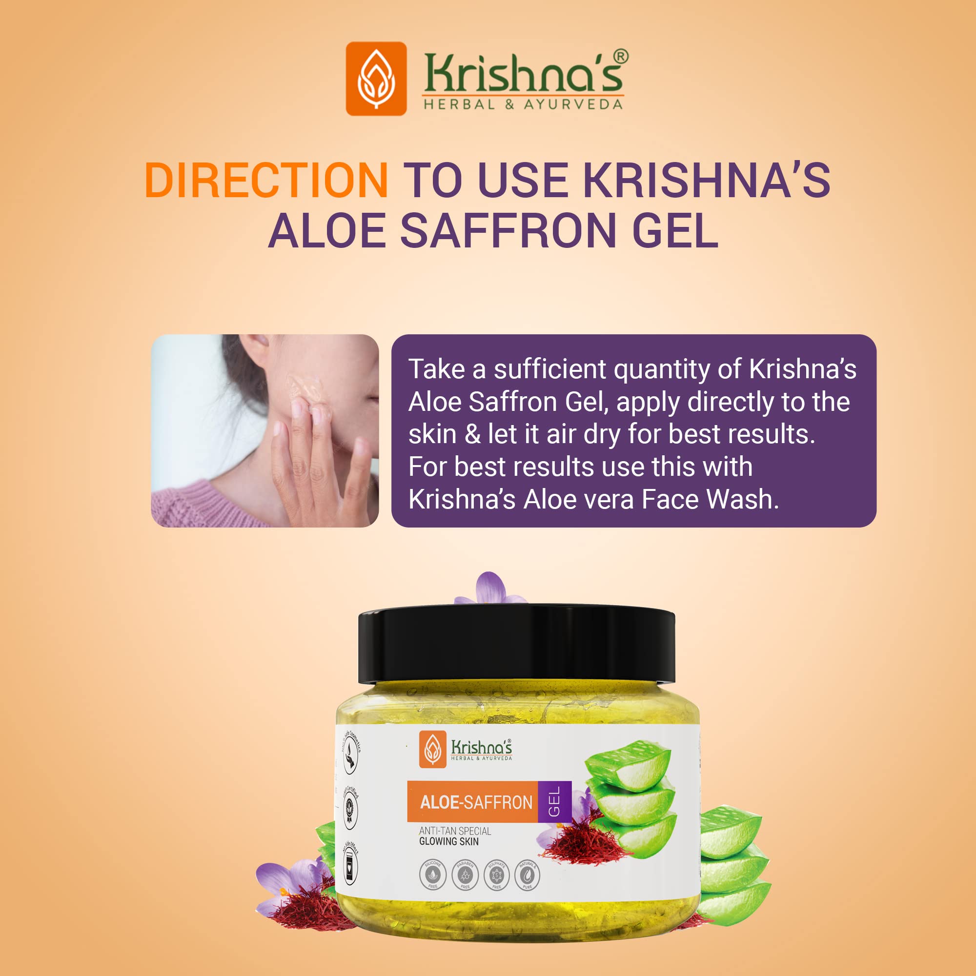 KRISHNA'S HERBAL & AYURVEDA Aloe Vera Gel with Saffron for Acne, Scars & Glowing Skin | Kesar Aloe Vera Face Gel for Hydration & Radiance | Best Natural Aloe Vera Gel for Face Care | 250g | Perfect for Daily Skincare & Sunburn Relief
