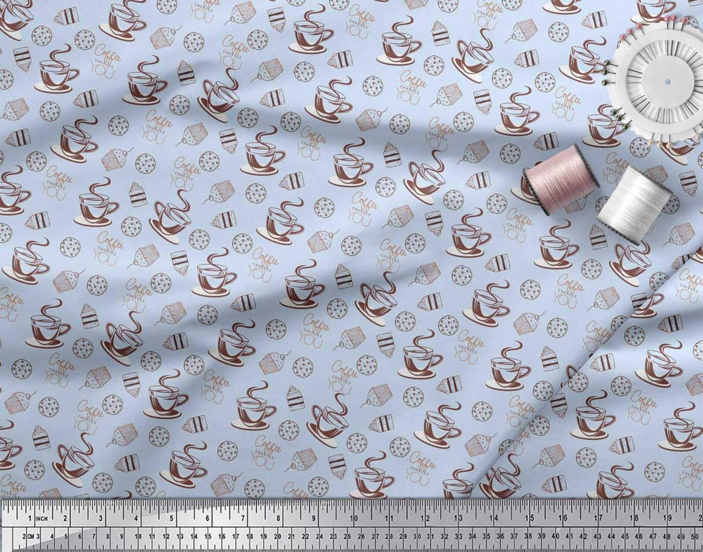Soimoi Japanese Crepe Blue Fabric by The Yard - 42 Inch Wide - Coffee, Cookies & Cupcake Print Textile - Sweet Floral Pattern for DIY Fashion, Home Decor, Quilting & Craft Projects
