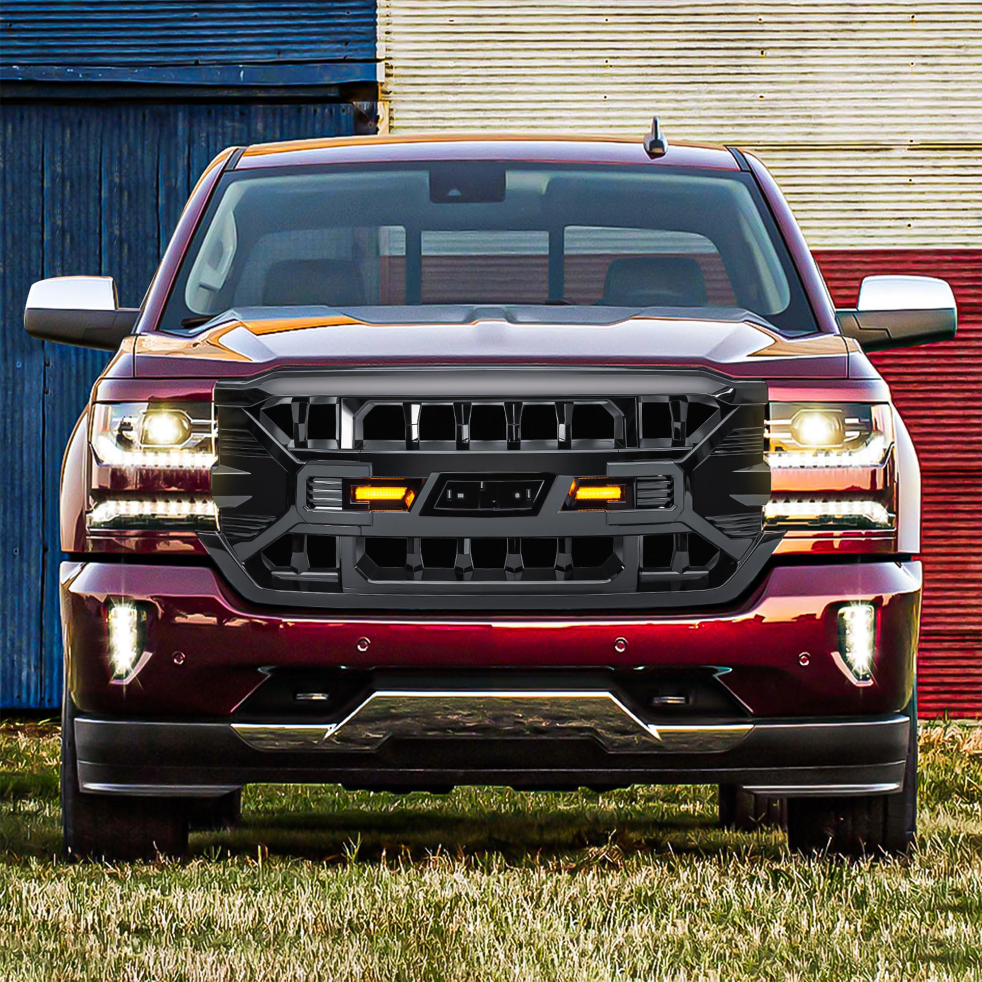 2016-2019 Chevrolet Silverado 1500 AMERICAN MODIFIED Armor Grille with Amber LED Lights & Emblem Base - Glossy Black | Heavy-Duty Front Grille Replacement for Off-Road & Truck Customization