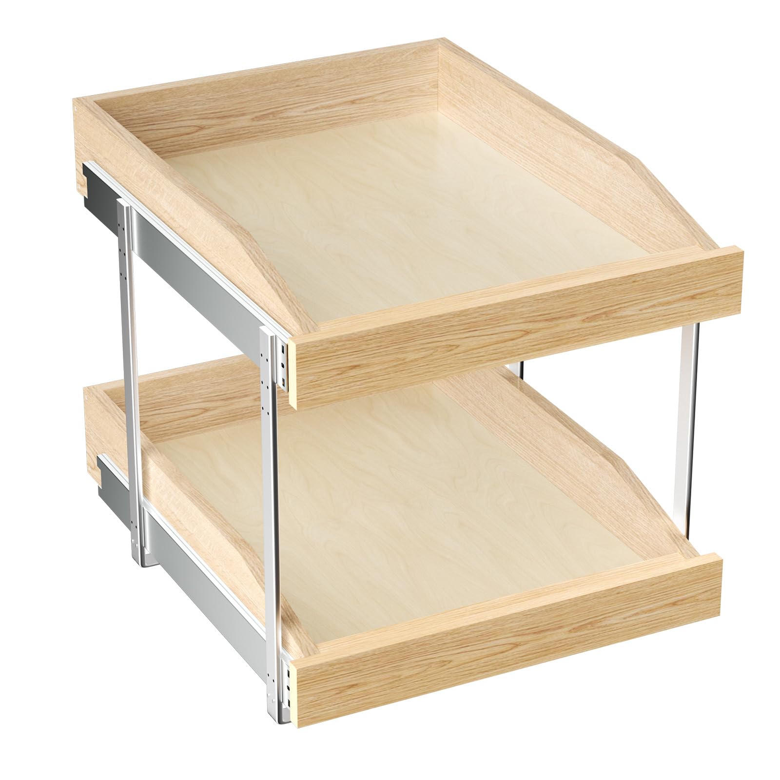 ROOMTEC 2-Tier Pull Out Cabinet Organizer - Double Layer Slide Out Wooden Kitchen Cabinet Organizer with U-Bracket - Under Sink & Pantry Storage Solution (16.5
