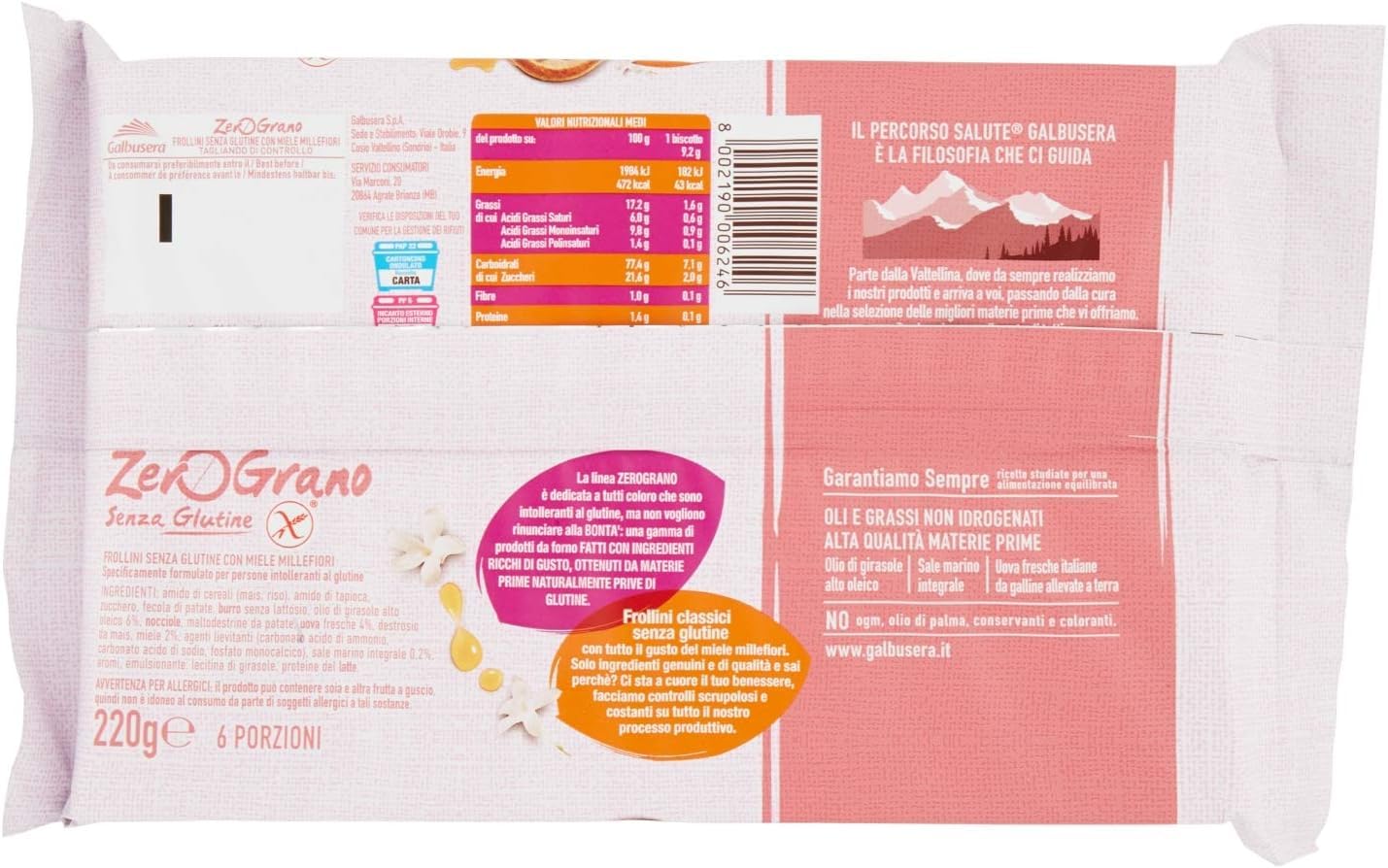 Galbusera ZeroGrano Gluten Free Biscuits with Wildflower Honey - Lactose Free, Gluten Free Italian Cookies (Biscotti Senza Glutine) - Perfect for Celiac Diet, Healthy Snacking & Coffee Time
