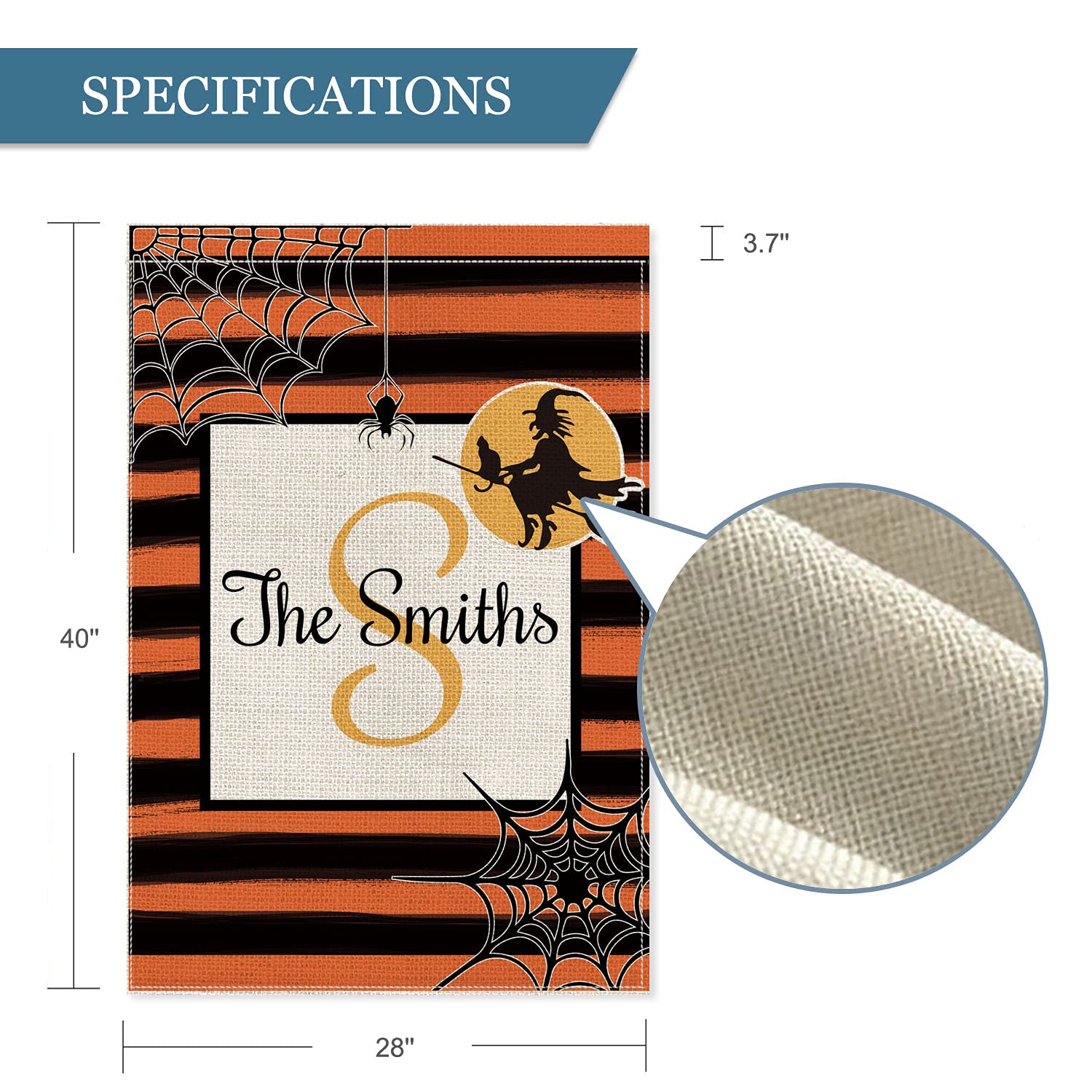 Personalized Halloween Wicked Witch on Broom House Flag - Custom Initial & Family Name, Double-Sided 28x40 Inch Rustic Burlap Outdoor Decor for Yard, Porch & Farmhouse - Perfect for Halloween Party Decorations & Seasonal Home Display
