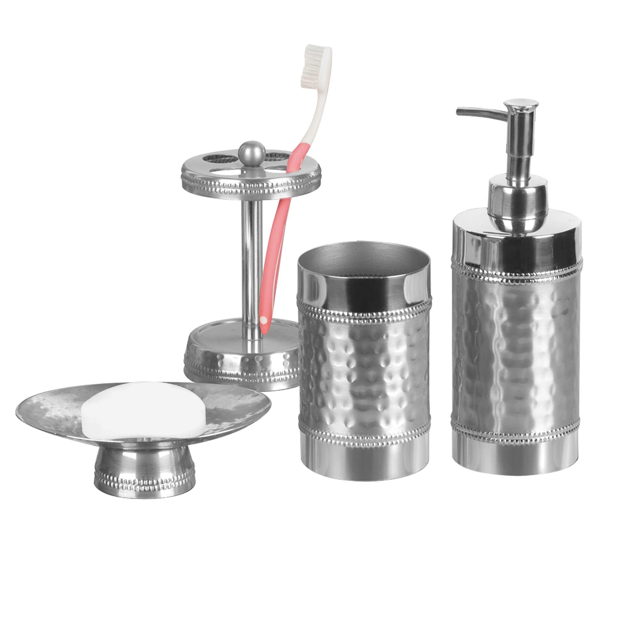 Premium Stainless Steel 4-Piece Bathroom Set - Soap Dish, Toothbrush Holder, Tumbler & Lotion Pump | Modern Hudson Collection | Perfect for Bathroom Organization & Spa-Like Experience