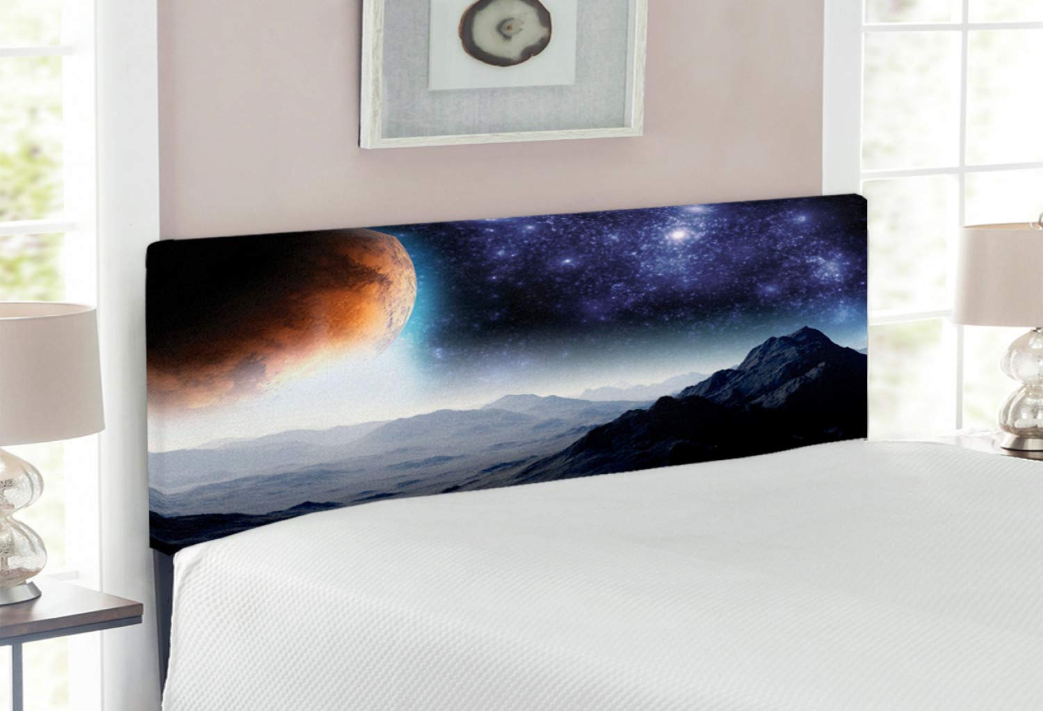 Ambesonne Outer Space Headboard - Galaxy & Milky Way Themed Upholstered Metal Bed Headboard with Memory Foam, Full Size, Purple Black Orange - Perfect for Sci-Fi Bedroom Decor & Space-Themed Rooms