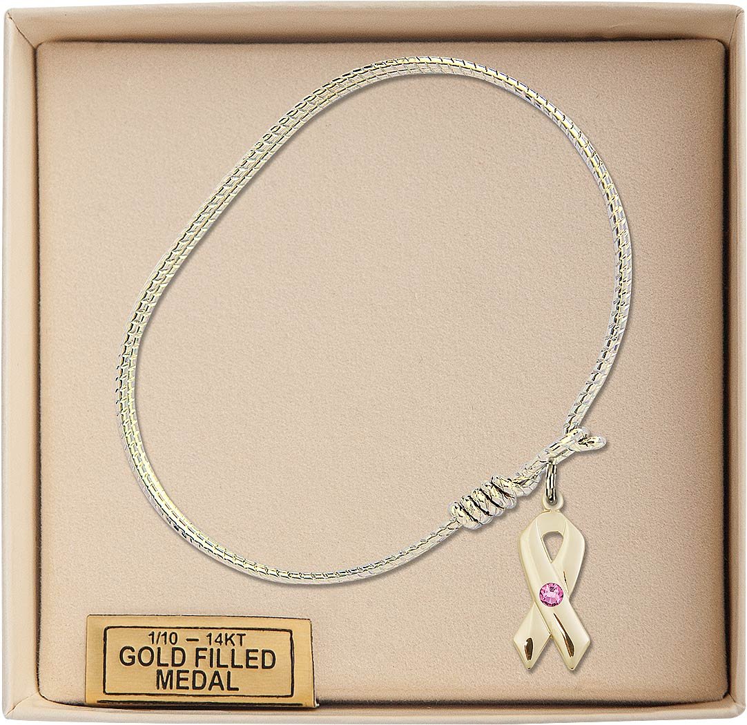 6 1/4 Inch Oval Eye Hook Bangle Bracelet with Cancer Awareness Charm & Rose Crystal - Elegant Jewelry Gift for Women, Survivors, Supporters (Ideal for Fundraisers, Awareness Events & Everyday Wear)