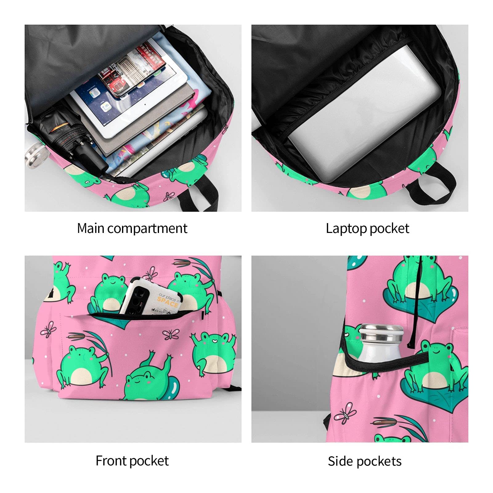 KiuLoam 17 Inch Laptop Backpack - Cute Green Frogs Design on Pink School Bag, Waterproof Daypack for Women & Girls - Perfect for College, Work, Travel & Everyday Use