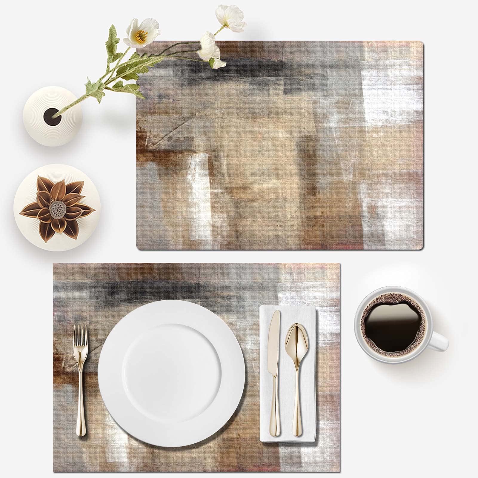 Mcalk Brown Table Runner and 6-Piece Beige Placemats Set - Modern Abstract Art Linen Table Mats for Kitchen & Dining Room - Washable & Durable for Everyday Use, Dinner Parties, and Holiday Decor