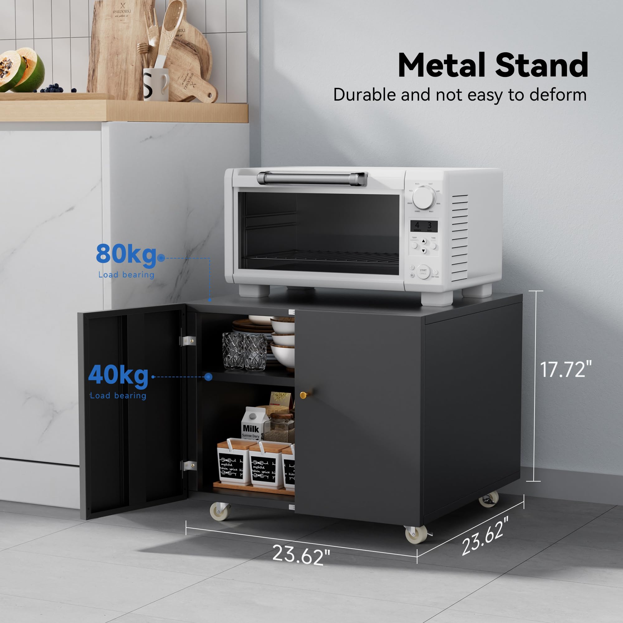 INMOZATA Large Fridge Stand with Storage & Adjustable Shelves - Metal Printer Table with Wheels for Small Spaces, Home Office (Black, 17.72