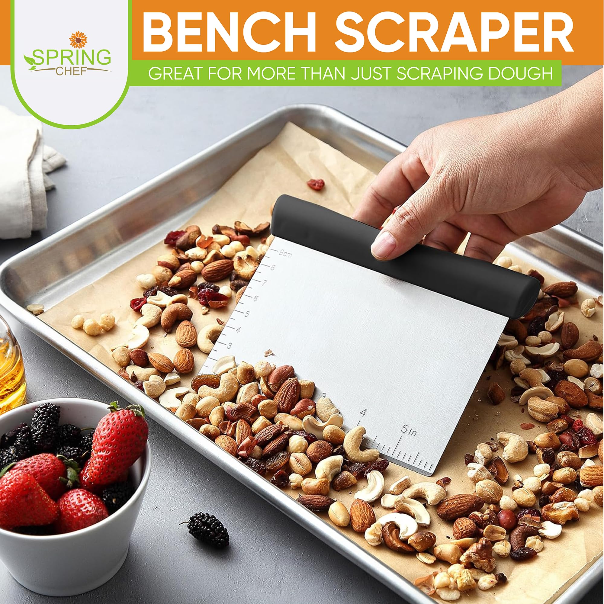 Spring Chef Stainless Steel Bench Scraper - Dough Cutter & Pastry Scraper for Baking Pizza, Bread, Cake - Kitchen Tool with Measurement Markings - Perfect for Home Bakers & Professional Chefs - Black