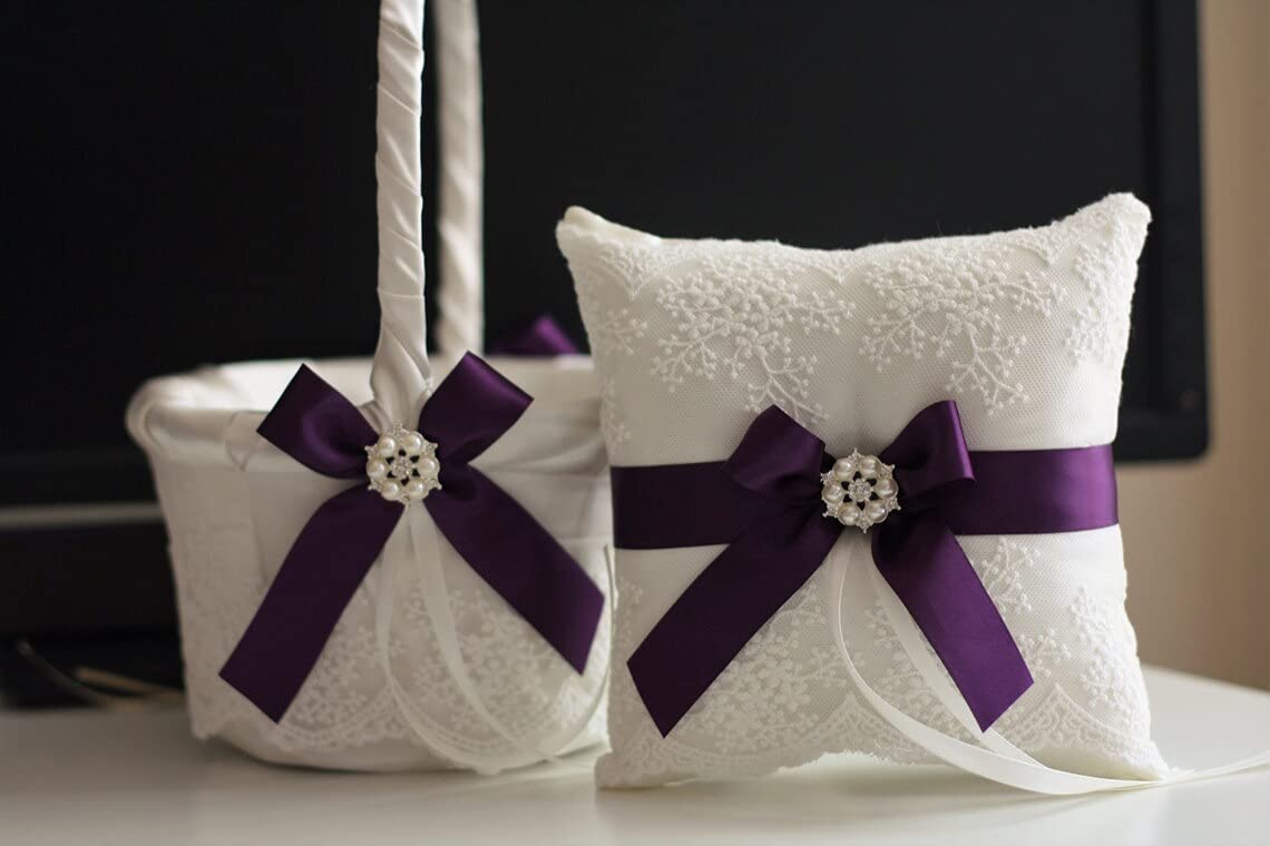 Silver Plum Flower Girl Basket & Ring Bearer Pillow Set - Elegant Wedding Accessories for Flower Girls & Ring Bearers (1 Pillow + 2 Baskets) - Perfect for Church Weddings, Garden Ceremonies & Outdoor Vows