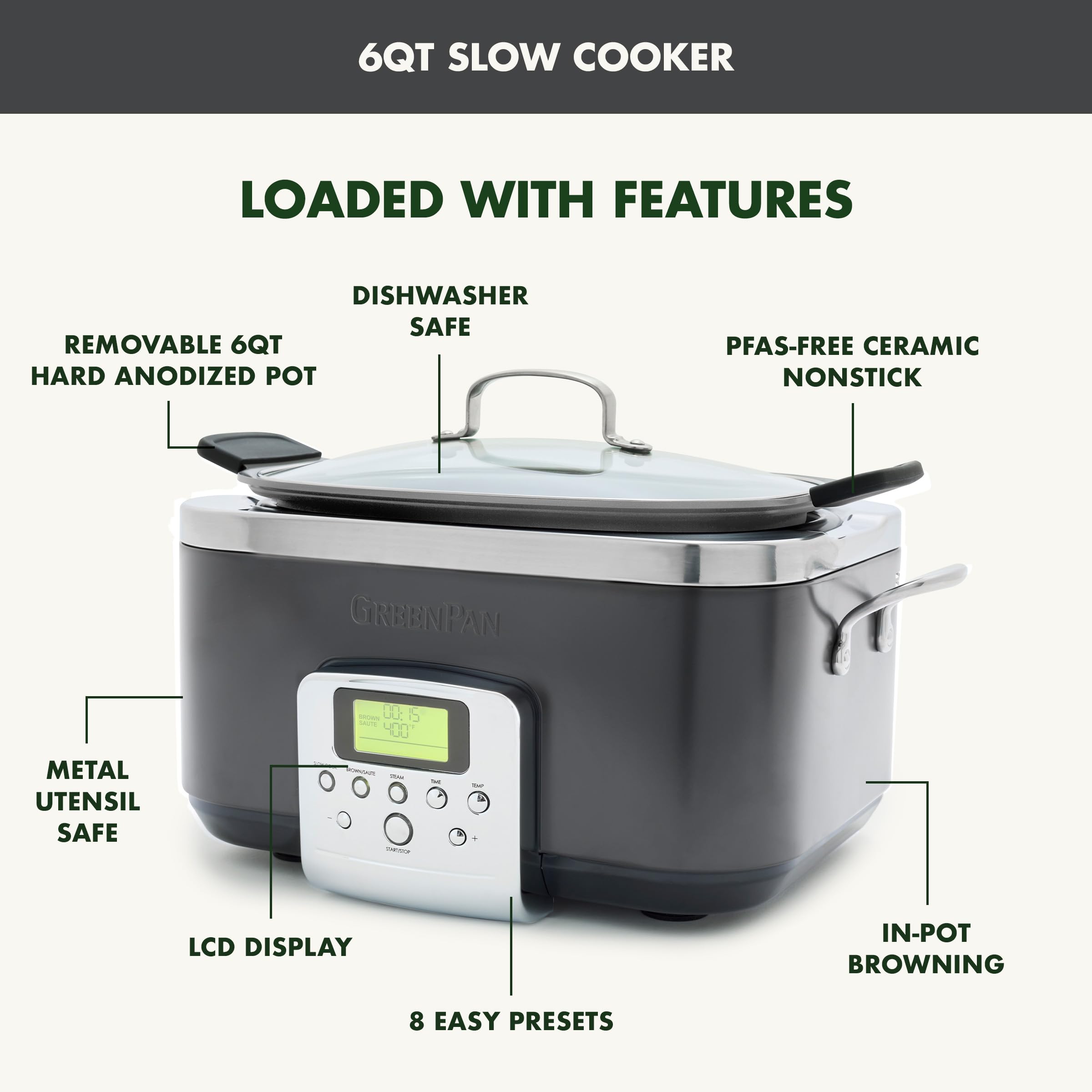 GreenPan Elite 8-in-1 Programmable 6QT Electric Slow Cooker with Dishwasher Safe Lid & Removable Crock - PFAS-Free Healthy Ceramic Nonstick Multi-Cooker for Searing, Sautéing, Browning, Steaming & Roasting - Perfect for Family Dinners, Meal Prep & Holiday Cooking (Graphite)