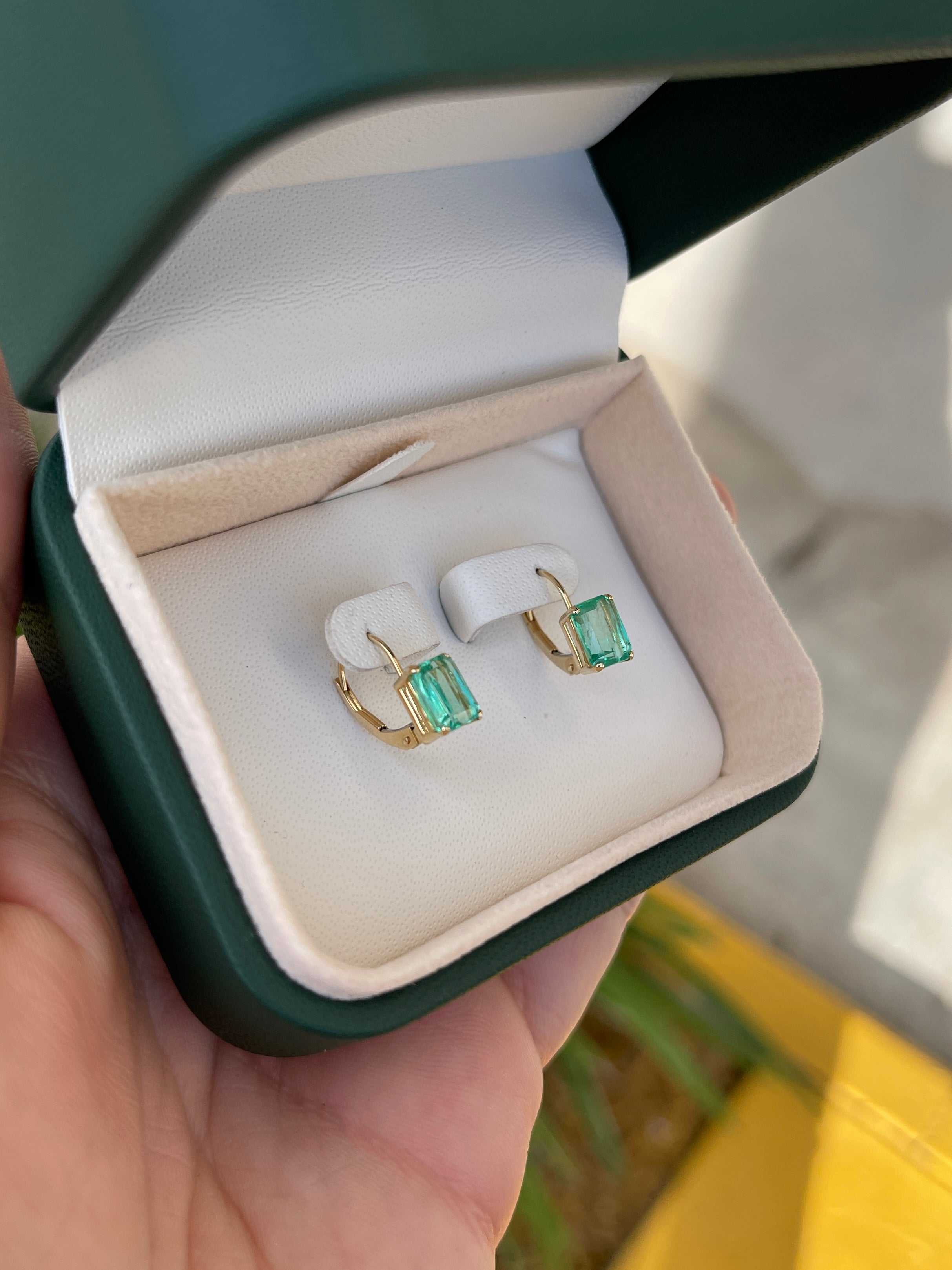 2.41tcw Genuine Colombian Emerald Cut Leverback Earrings in 14K Gold - Elegant Jewelry for Weddings, Parties & Special Occasions
