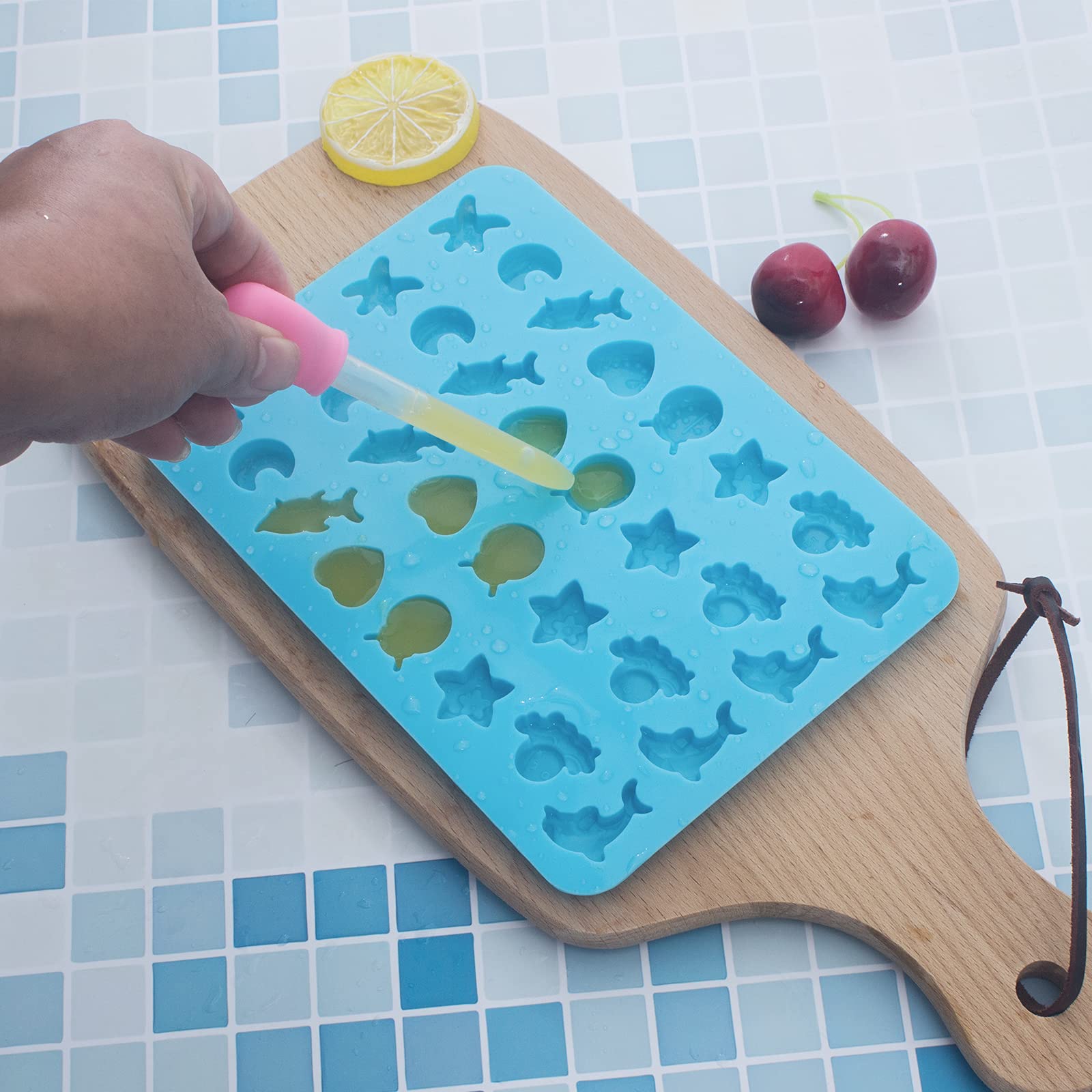 3 Pack Mini Silicone Candy Molds - Heart, Fruit & Sea Animal Shapes with 2 Droppers for Homemade Gummies, Chocolates & Ice Cubes | Perfect for DIY Treats, Party Favors & Kids Baking Activities