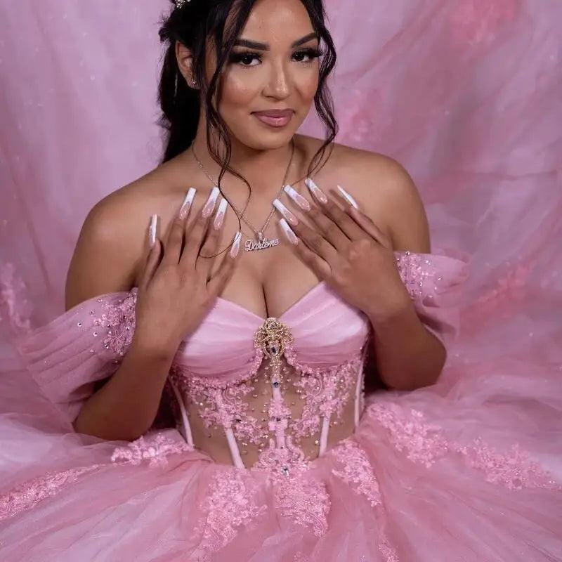 Elegant Hot Pink Crystal Beaded Ball Gown Quinceanera Dress - Off Shoulder Sweet 15 Birthday Party Dress for Teen Girls