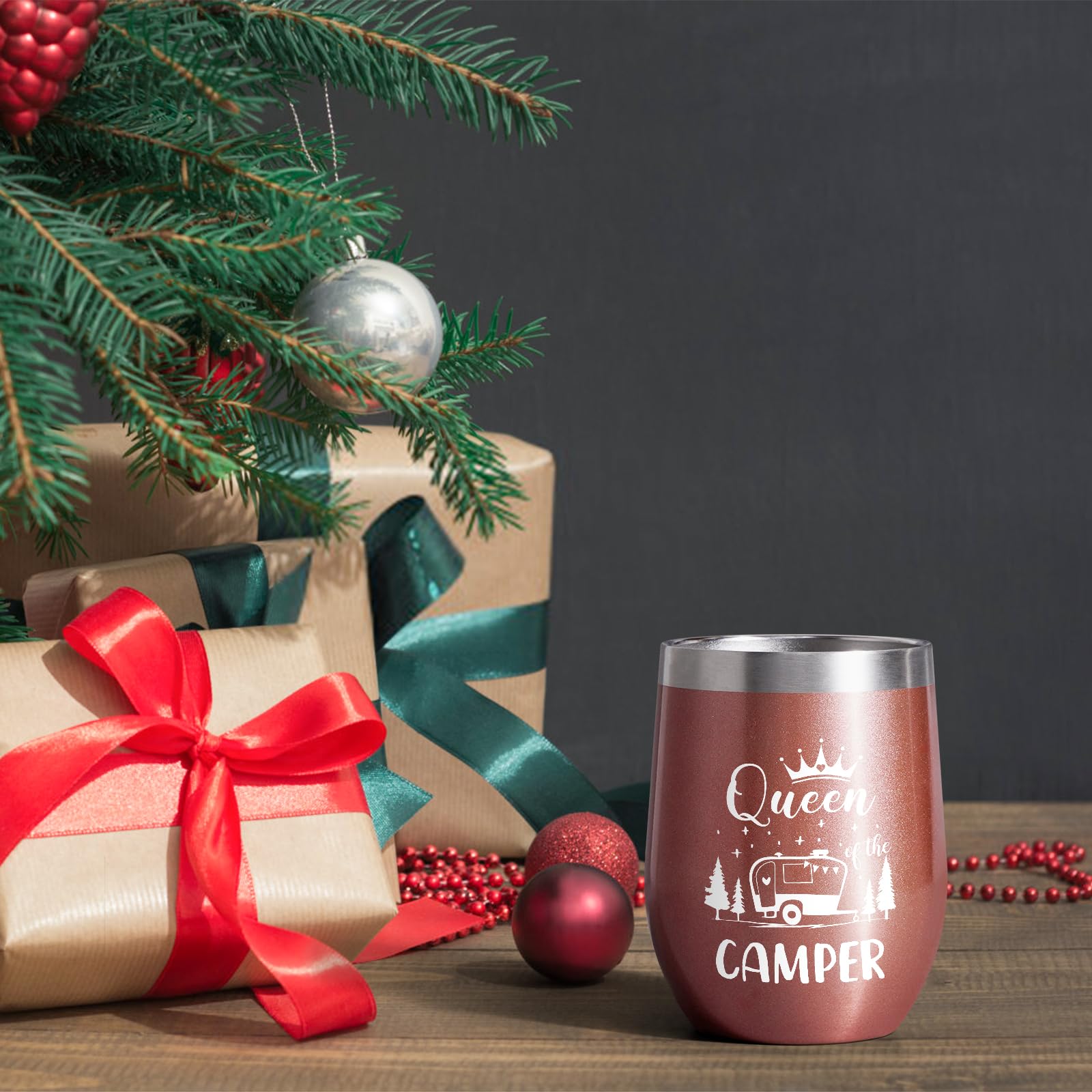 **Lifecapido 12oz Insulated Wine Tumbler - Queen of The Camper - Rose Gold Stainless Steel Travel Mug for Hot & Cold Drinks - Perfect Christmas, Birthday Gift for Women, Mom, Friends, Boss - Ideal for Camping, Hiking, Travel & Outdoor Adventures**