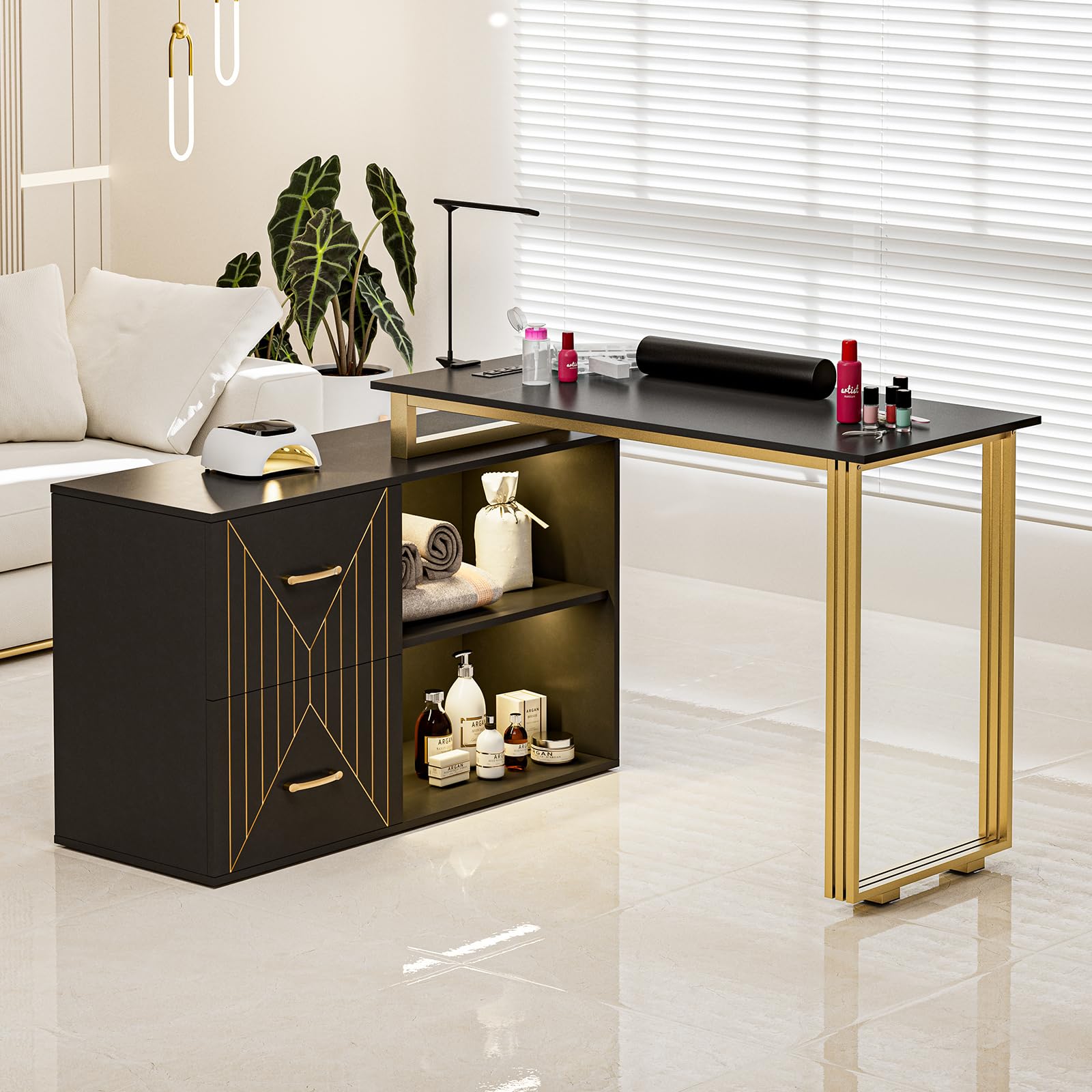 16 Colors LED Manicure Table with 2 Drawers & Shelves - L-Shaped Nail Tech Station for Beauty Salon - Includes Wrist Rest & Metal Handles (Black) - Perfect for Professional Nail Artists & Home Nail Care