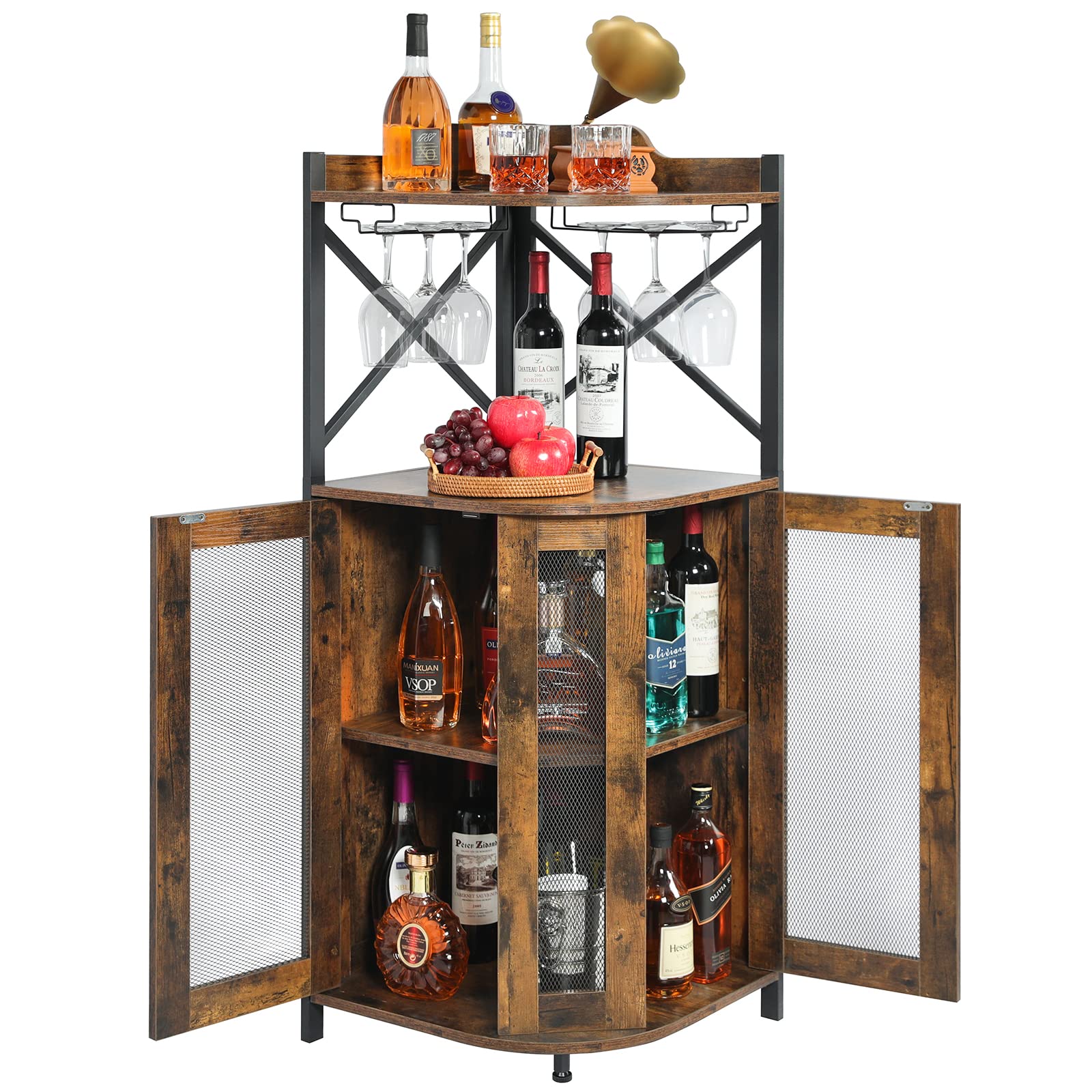 JKsmart Industrial Rustic Brown Corner Bar Cabinet with Glass Holder & Mesh Door - Adjustable Shelf Wine & Liquor Storage Cabinet for Home, Kitchen, Dining Room, or Bar Decor