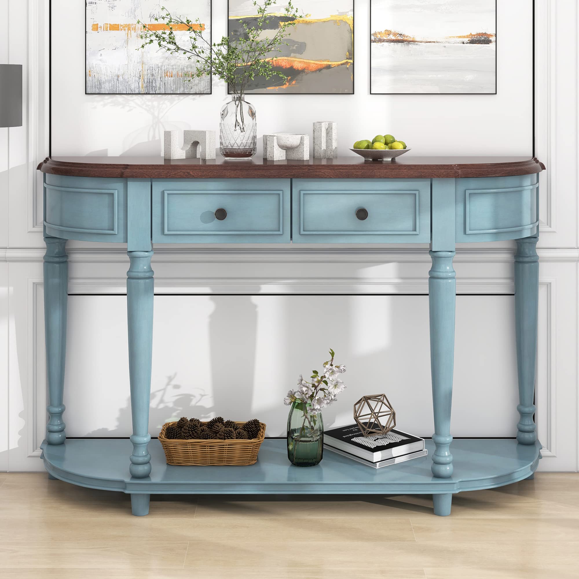 P PURLOVE Curved Console Table with 2 Drawers - Retro Sofa Table with Solid Wood Frame & Legs - Entryway Table for Home, Kitchen, Living Room - Perfect for Hallway Decor, Farmhouse Style, Small Space Furniture (Cherry & Antique Blue)