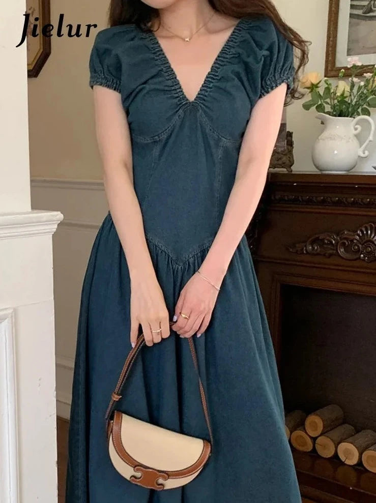 Vintage High Waist Backless Denim Dress for Women - V Neck Lace Up Puff Sleeve French Style Pleated Midi Dress | Perfect for Date Night, Summer Outings & Boho Chic Fashion