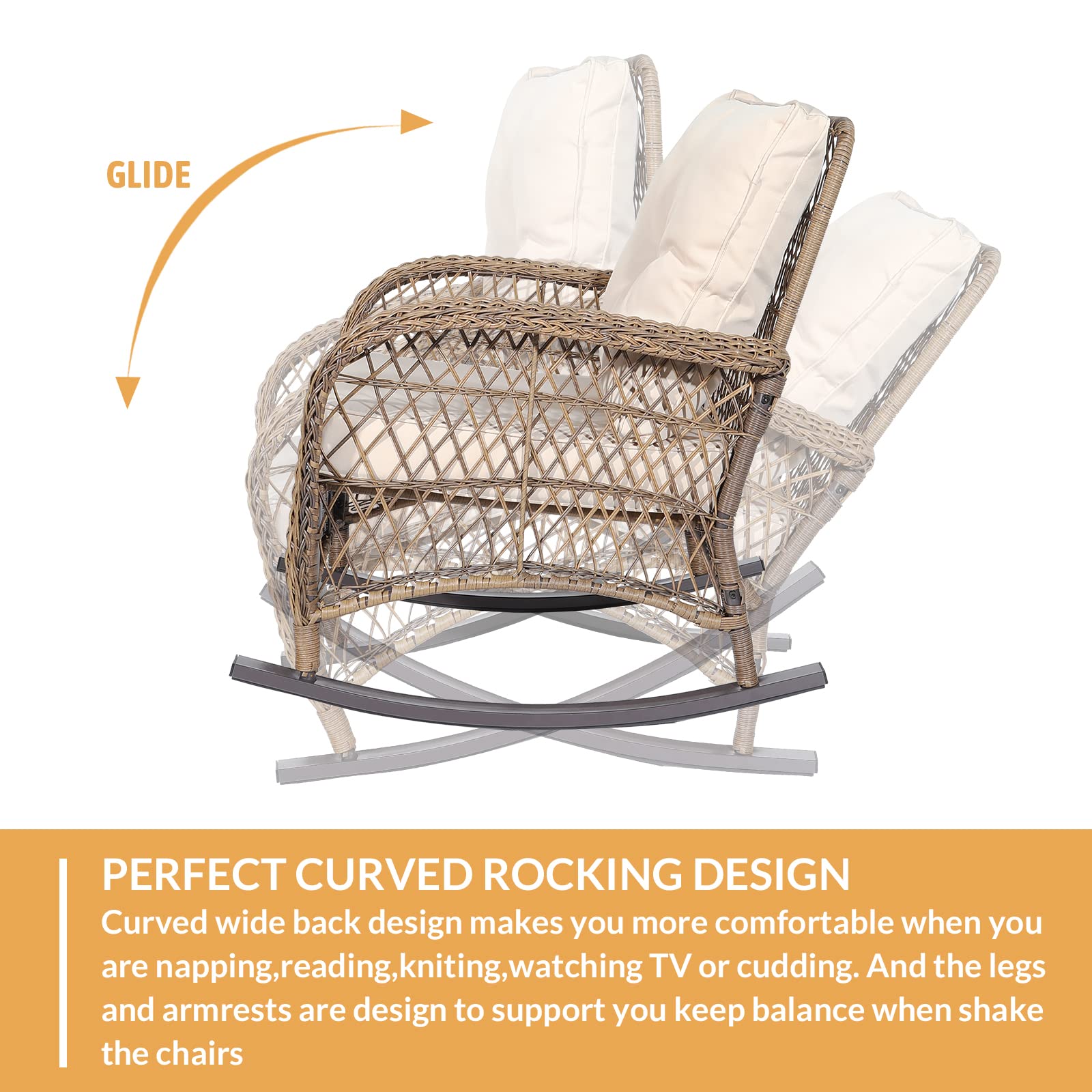 3-Piece Outdoor Patio Bistro Rocking Chair Set - Rattan Wicker Rocker Chairs with Cushions & Glass-Top Coffee Table - Beige Conversation Set for Porch, Backyard, Garden & Poolside Relaxation