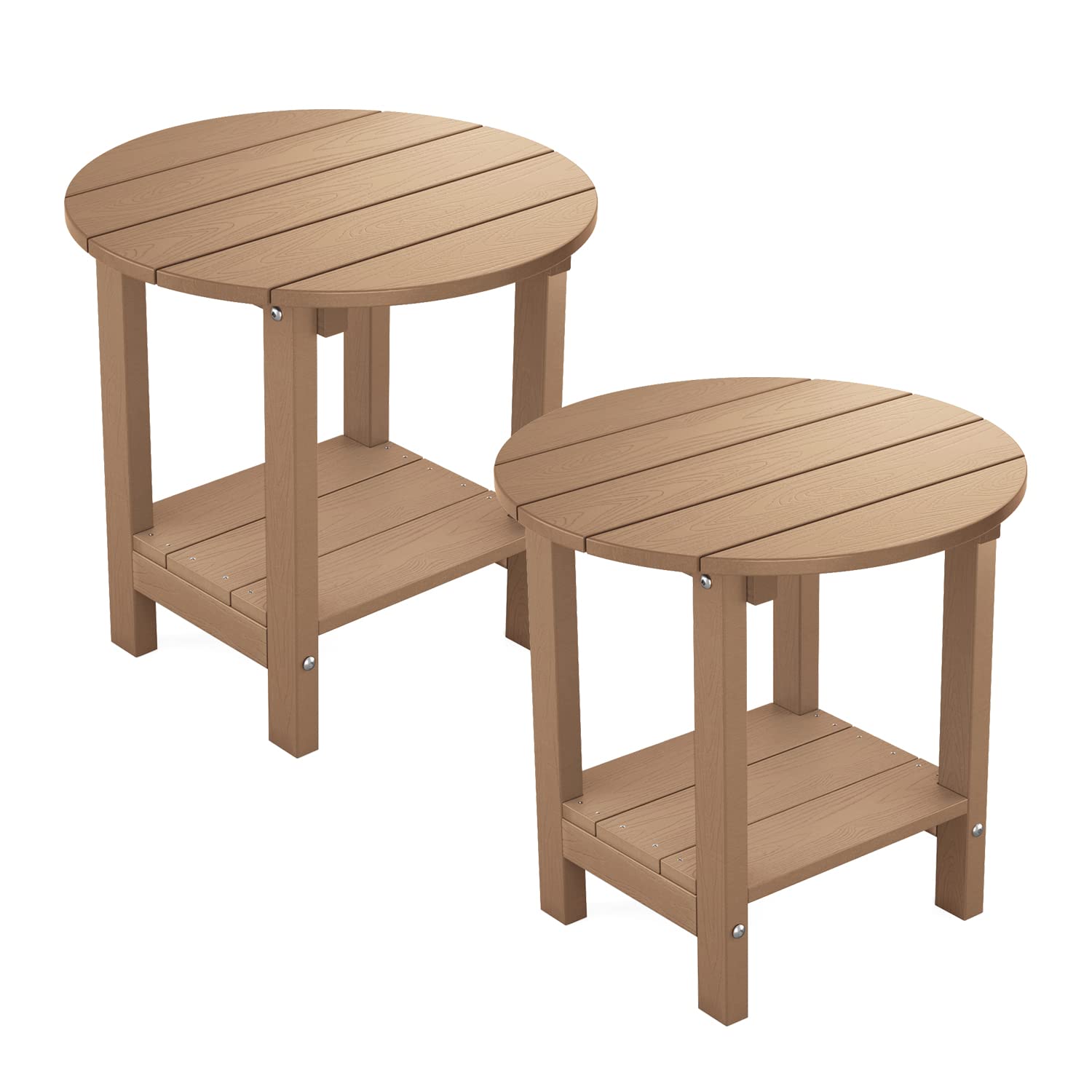 MXIMU 18 Inch Round Outdoor Side Table with Storage Shelf - 2-Tier Weather Resistant Plastic Patio End Table for Balcony, Backyard, Lawn - Perfect for Drinks, Books & Decor (Teak, 2 Pack) - Great for Poolside Relaxation, Garden Parties & Outdoor Dining