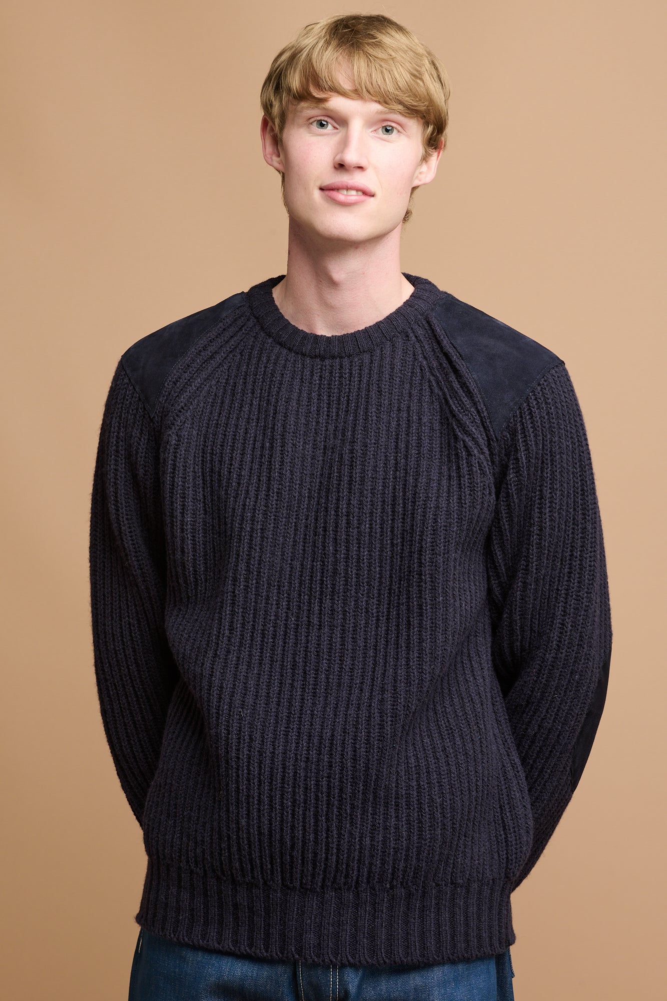 Premium Men's Lambswool Fisherman Ribbed Sweater - Navy Blue Crewneck Pullover for Winter Warmth | Cozy Casual Wear & Office Outfits