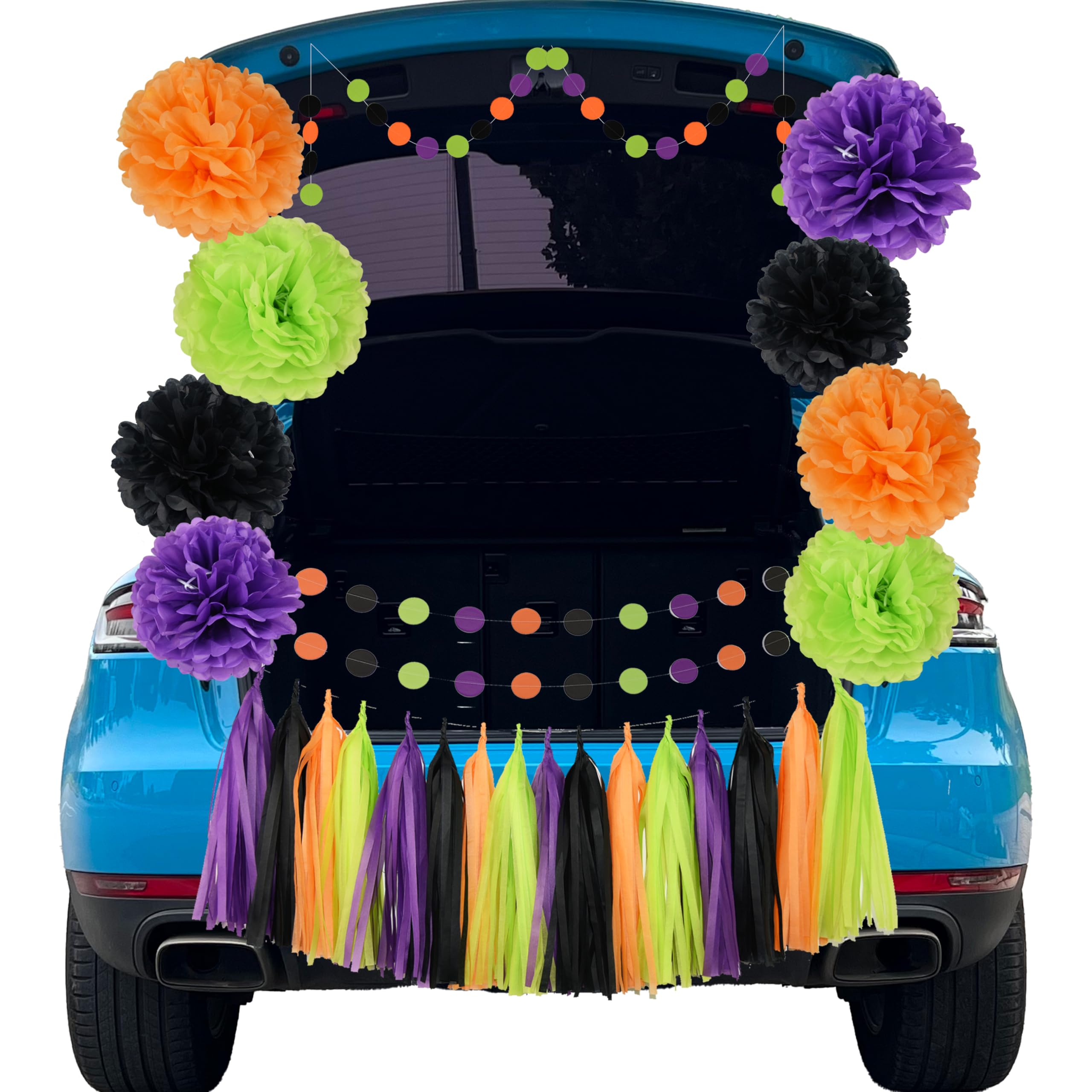 Halloween Car Decorations Kit - Hocus Pocus Trunk or Treat SUV Decor Set with Orange Black Purple Green Tissue Paper Pom Poms | Perfect for Halloween Parties, Birthday Celebrations & Baby Showers