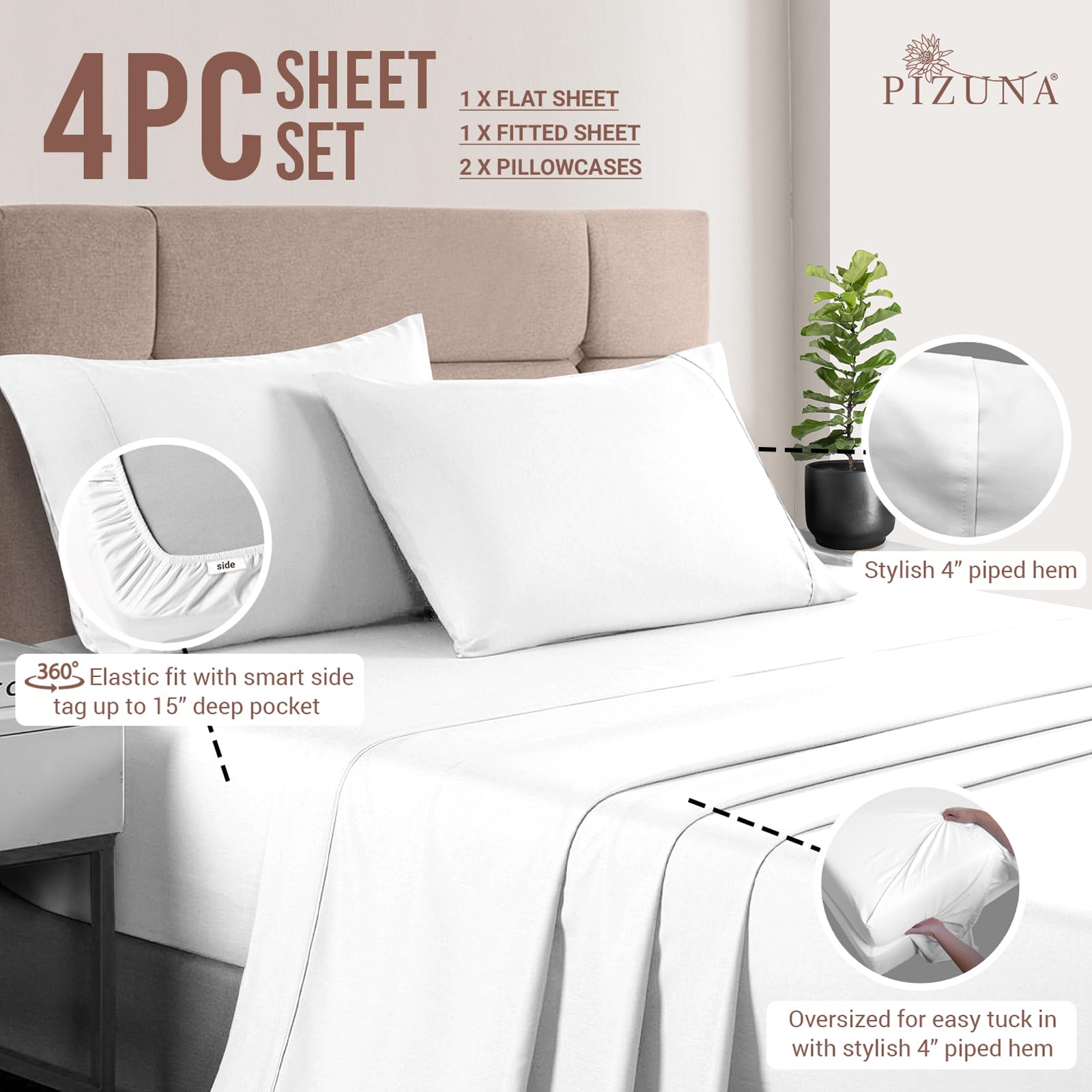 Pizuna 400TC Cotton Sateen Sheets Full Size - Soft & Breathable for Deep Pocket Beds