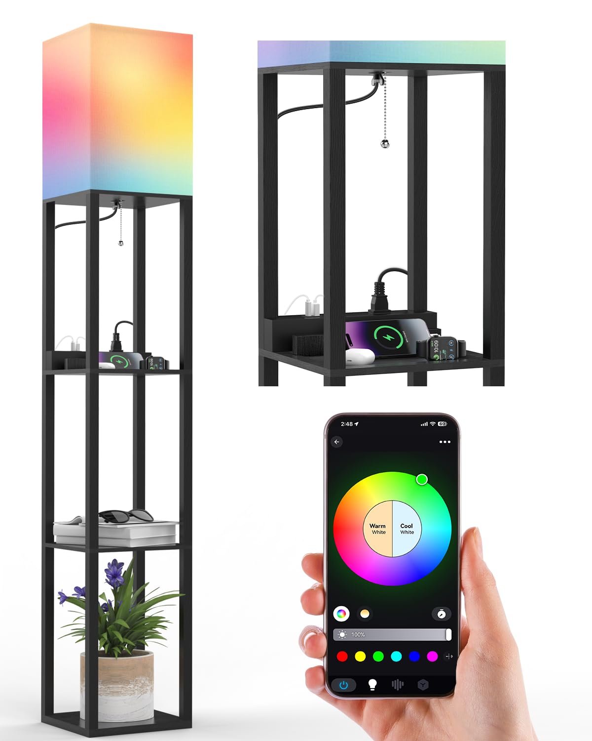 PAZZO Smart RGB Floor Lamp with Shelves - Alexa Compatible, Solid Wood Design, 2 USB Charging Ports & 1 Power Outlet - Modern Standing Lamp for Living Room, Bedroom, Office (Bulb Included, Matt Black) - Perfect for Reading, Gaming & Home Decor