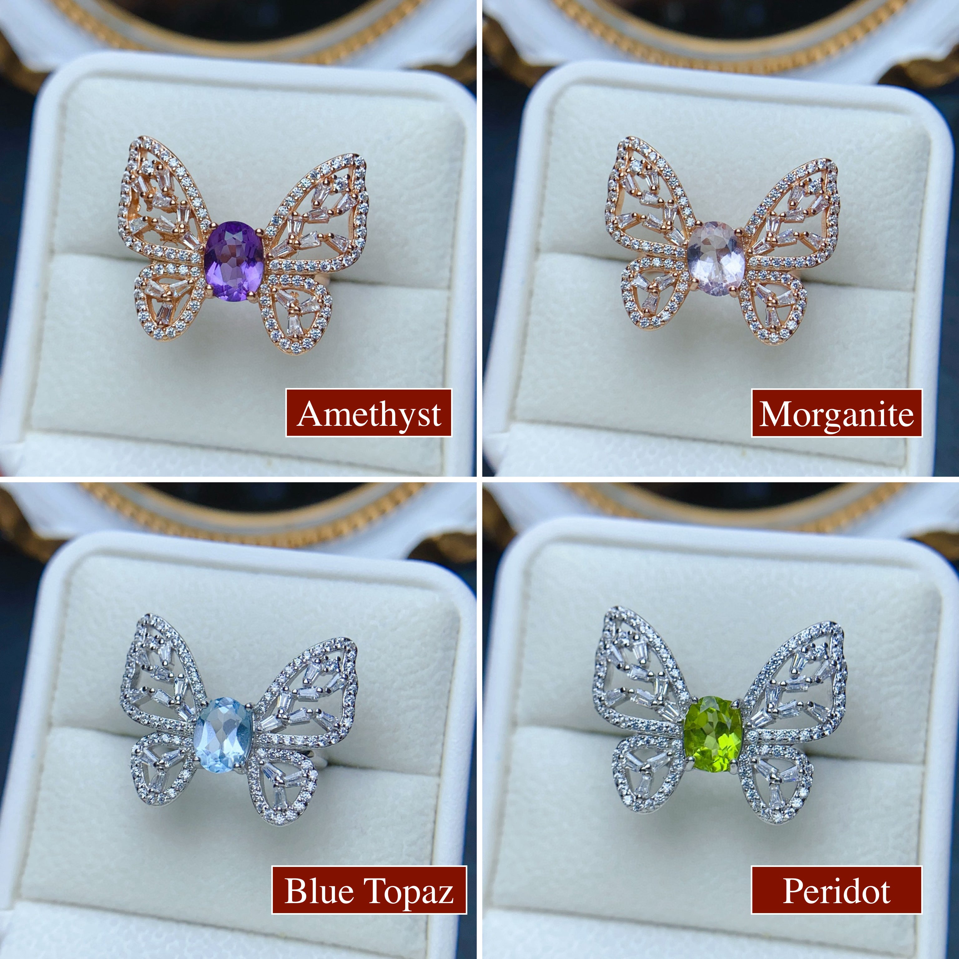 18K Gold Butterfly Aquamarine Crystal Ring for Women - Elegant Vintage Jewelry Gift for Birthday, Anniversary & Valentine's Day | NS2401