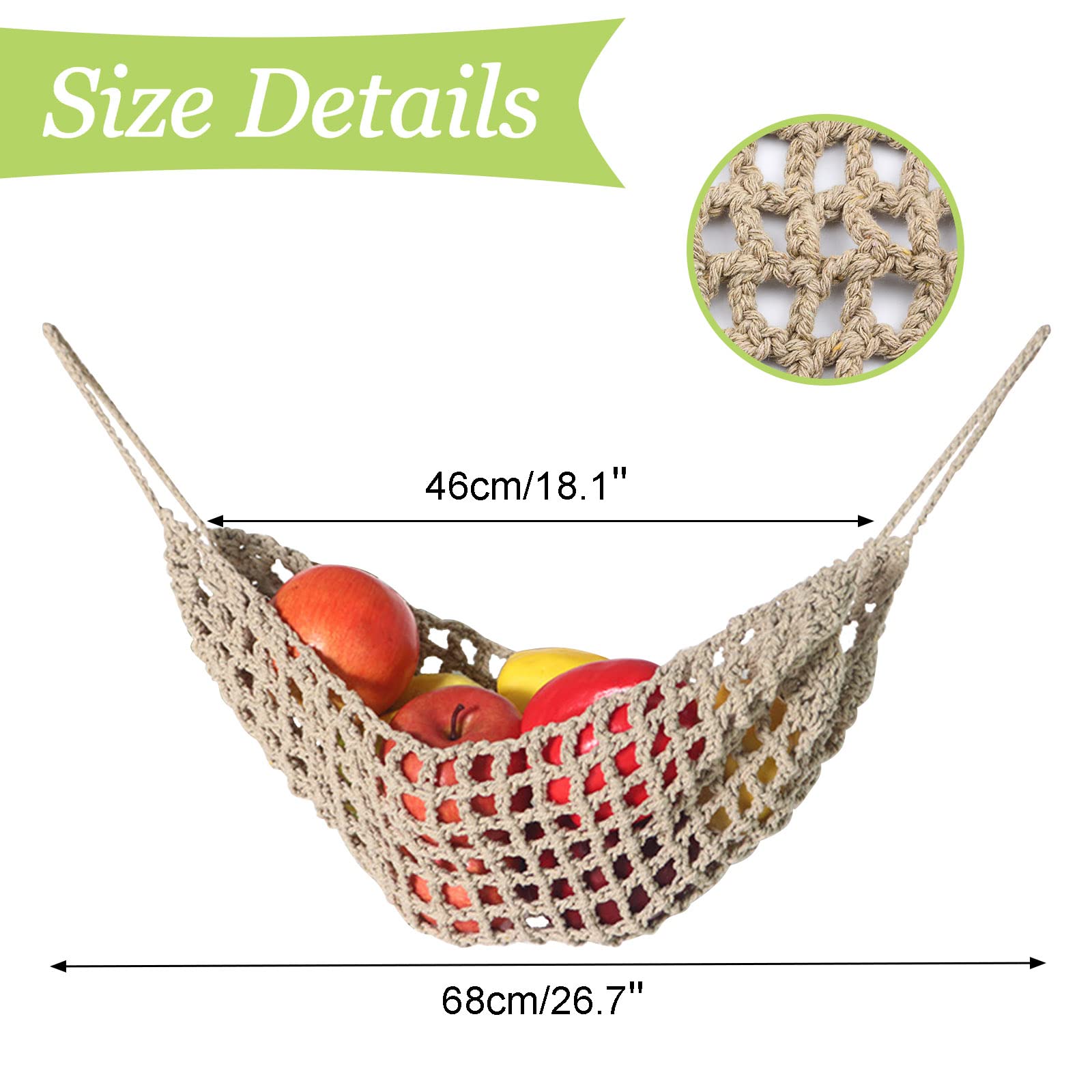 Handmade Macrame Cotton Fruit & Vegetable Hammock - Under Cabinet Storage Net with Hooks for Kitchen, Pantry - Space Saving Produce Organizer for Bananas, Apples, Onions | Perfect for Small Kitchens & Apartment Living