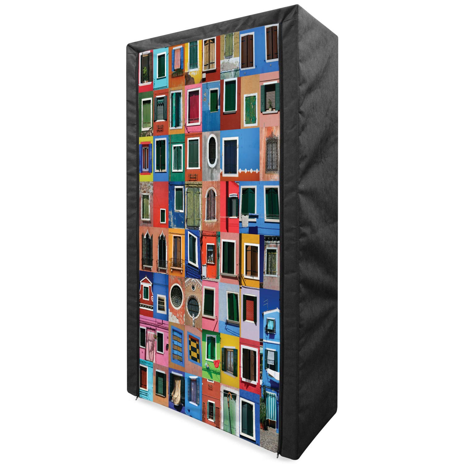 Ambesonne Colorful Portable Fabric Wardrobe - Mediterranean Village Art Design with Rustic Windows Tuscan Collage | 33.5