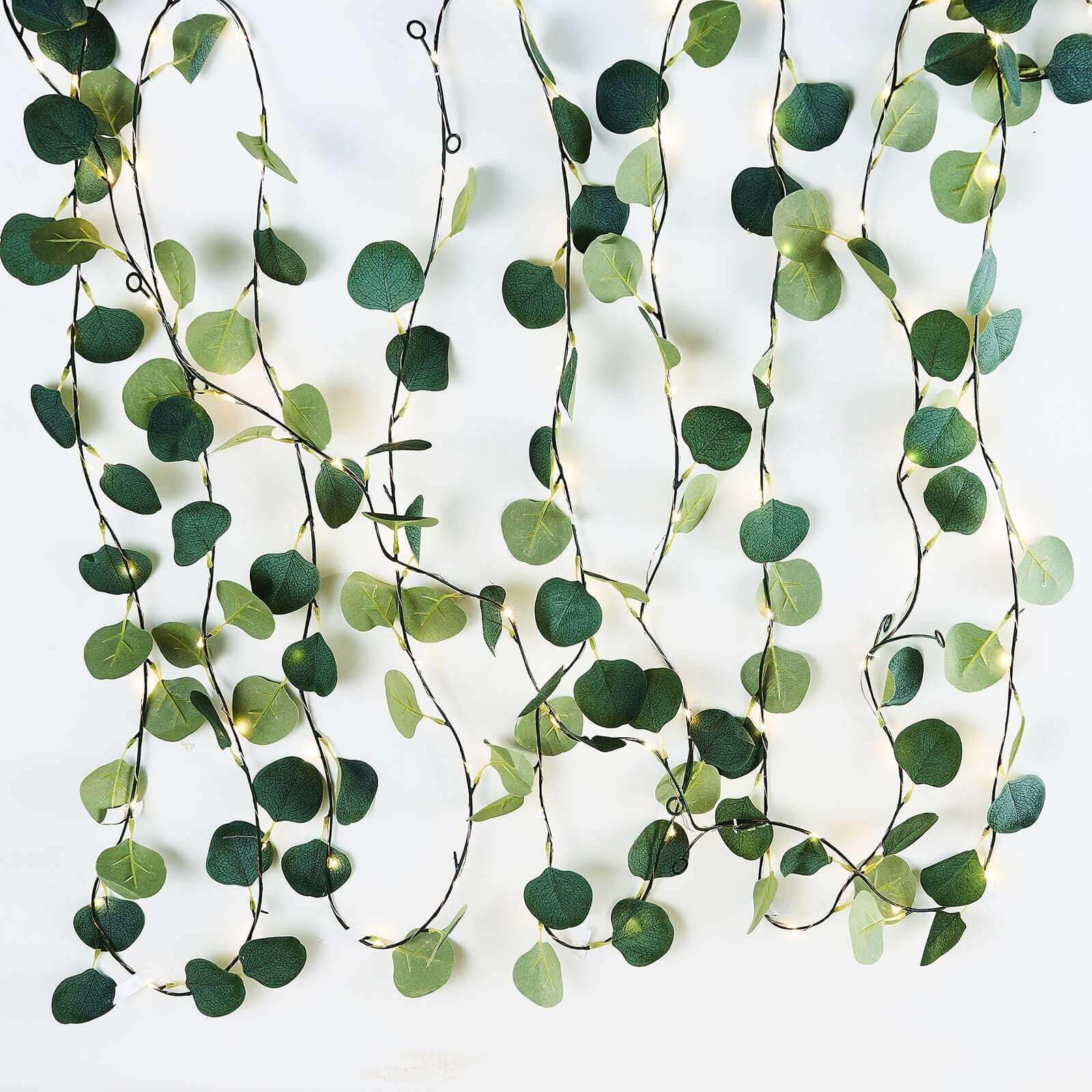 Efavormart 32FT 100 LED Green Artificial Eucalyptus Leaf Garland - Battery Operated Fairy String Lights for Wedding, Party, Garden & Home Decor (Indoor/Outdoor) | Romantic Backdrop, Christmas, Baby Shower & Event Decoration