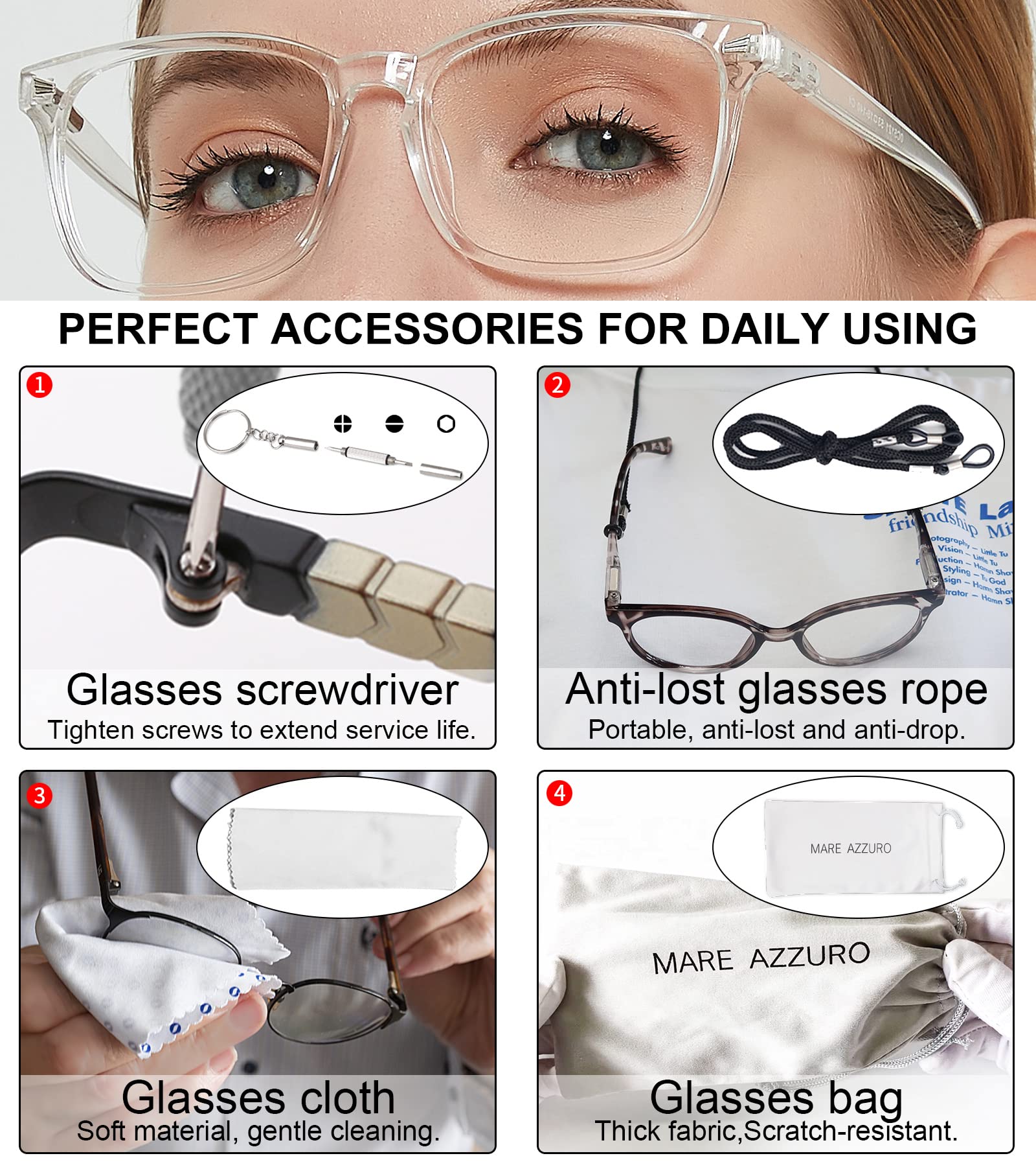 MARE AZZURO Blue Light Blocking Reading Glasses for Women - Anti Eyestrain Computer Glasses with Magnification 0 to 6.0 (Transparent Frame, 1.50 Strength) - Perfect for Office Work, Screen Time & Digital Eye Strain Relief