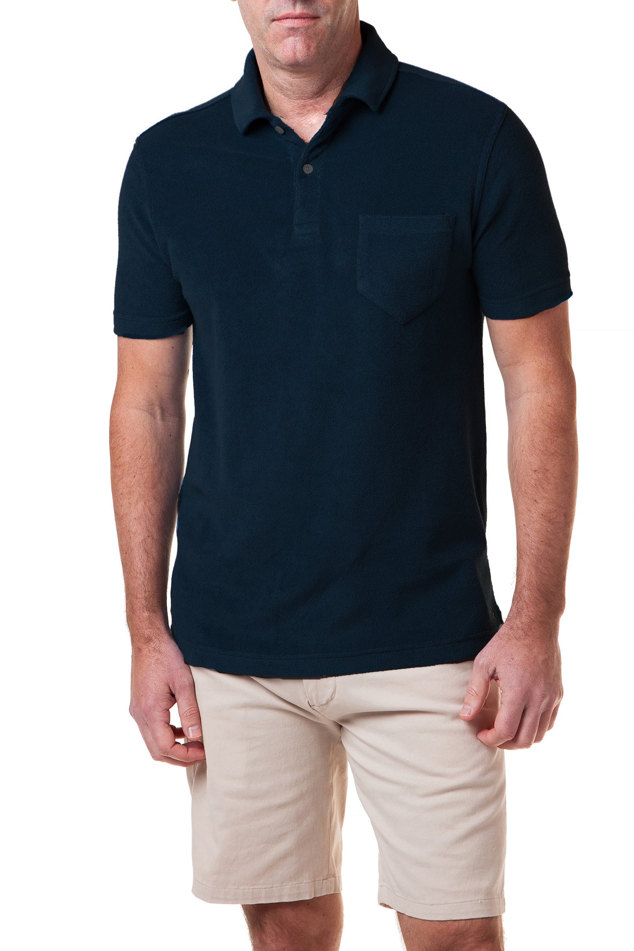 Men's Soft Terry Cloth Polo Shirt - Navy Blue Casual Short Sleeve Shirt for Summer & Lounge Wear