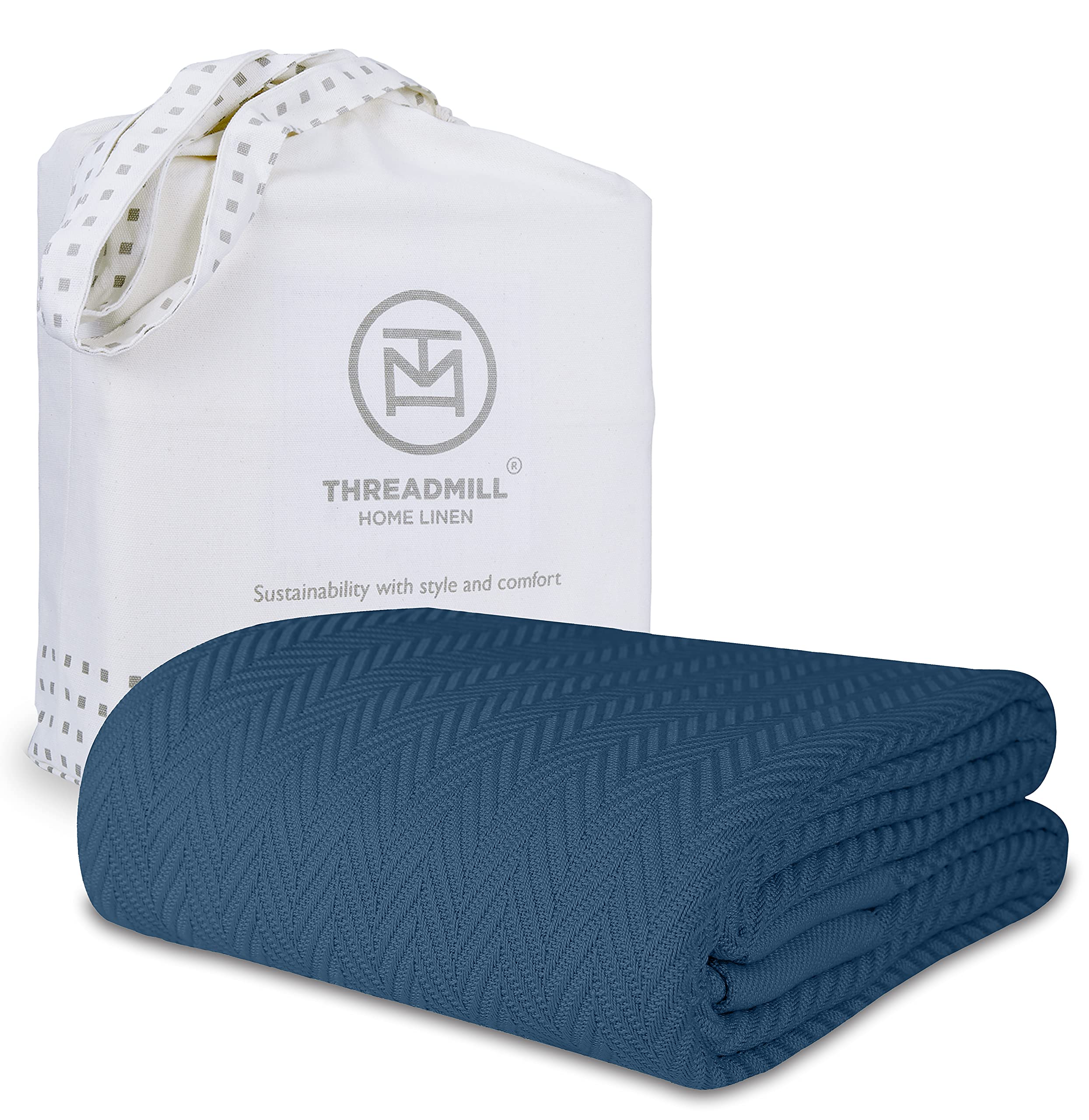Luxury 100% Cotton Twin Blanket - Herringbone Soft & Cozy All-Season Thermal Blanket for Bed, 350GSM, 68x92 Inches, Folkstone Blue - Perfect for Fall & Winter Warmth, Guest Room & Dorm Essentials
