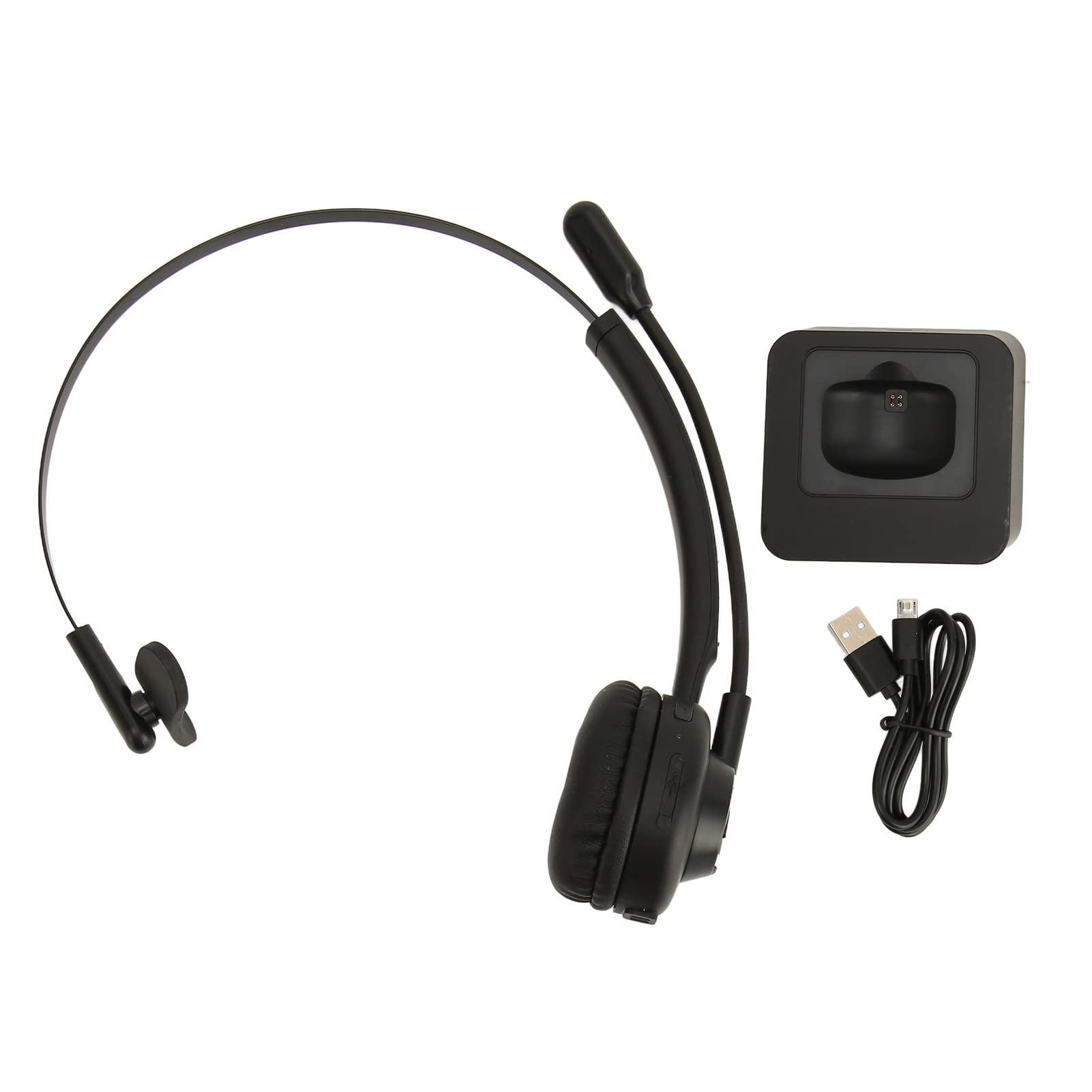 Single Ear 5.0 Bluetooth Headset with Microphone & Charging Base - Noise Canceling On-Ear Headphones for Cell Phone, PC, Call Center & Office - Perfect for Remote Work, Customer Service & Long Business Calls