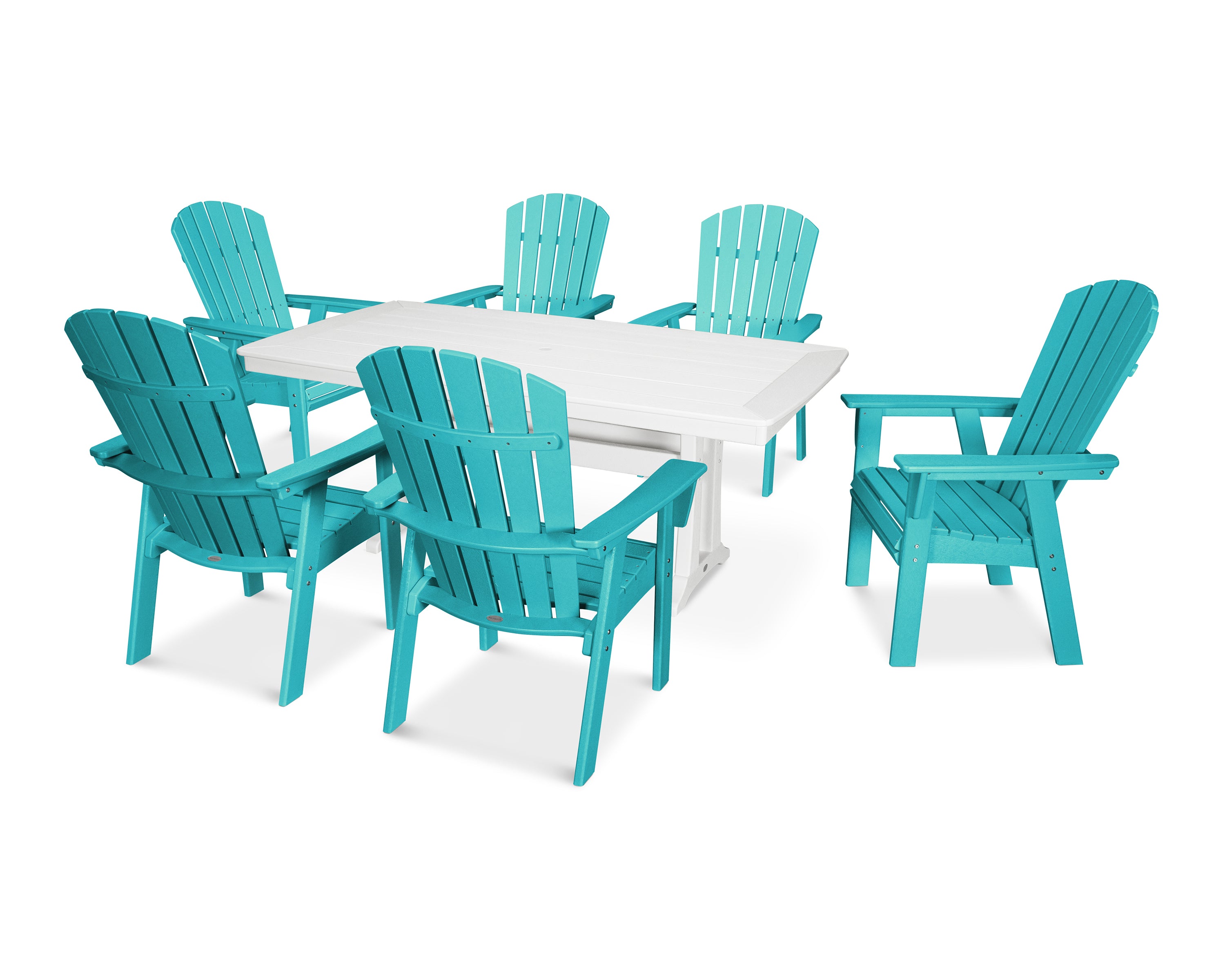 POLYWOOD Nautical Curveback Adirondack 7-Piece Outdoor Dining Set with Trestle Legs - Perfect for Patio, Poolside, and Beachfront Entertaining