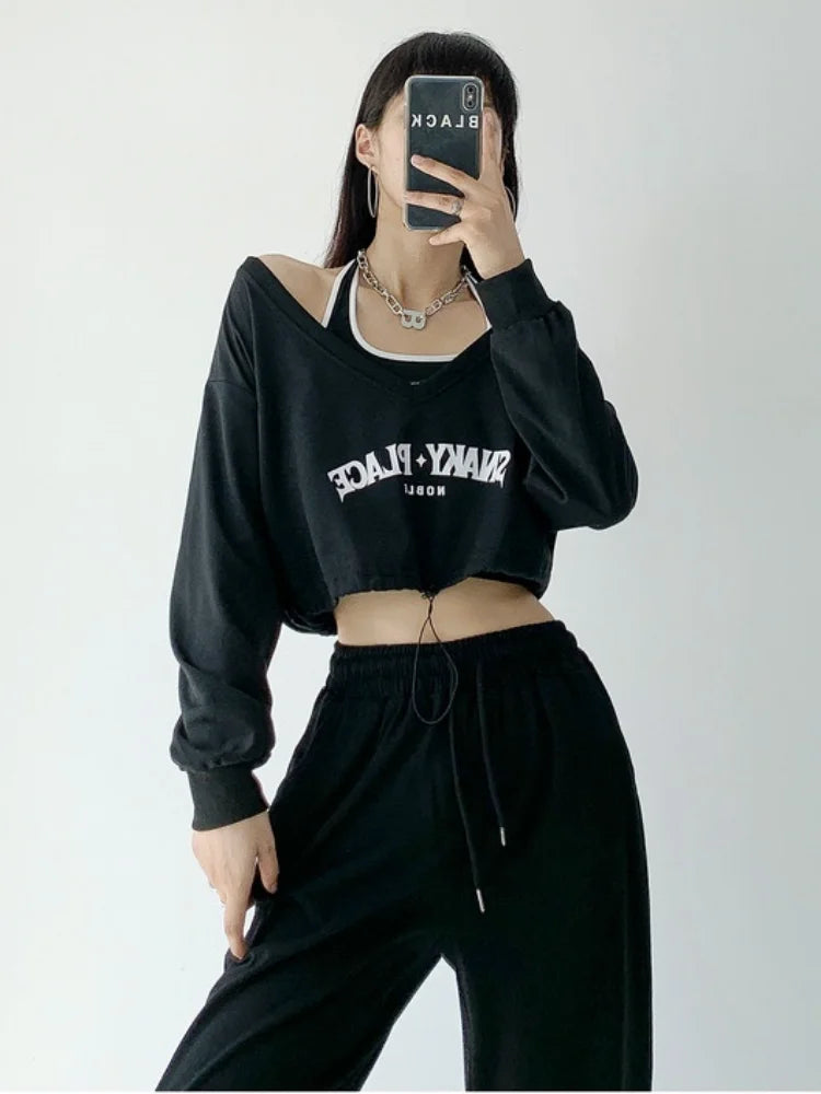 Vintage American Retro School Halter Crop Top for Women - Sexy Off Shoulder Long Sleeve Casual Tee | Perfect for Date Night, Music Festivals & Streetwear Fashion