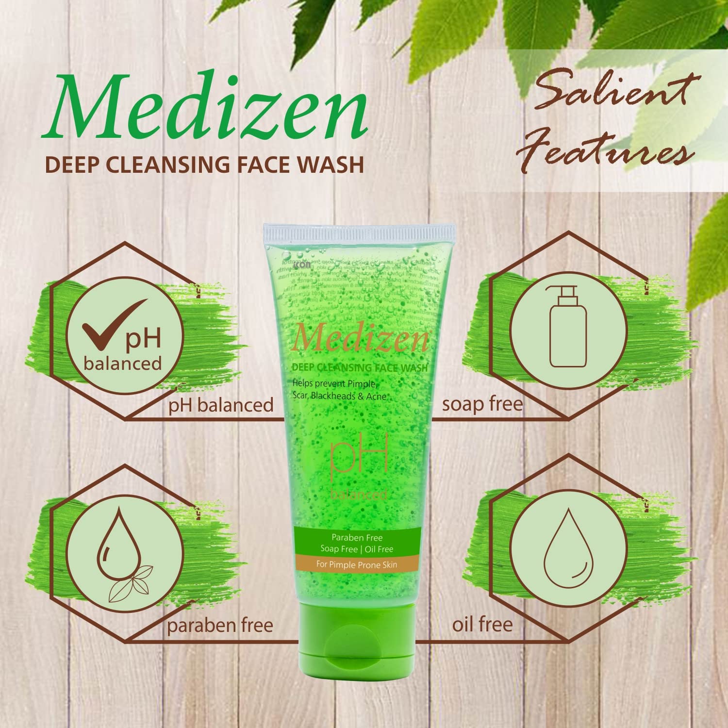 Medizen Deep Cleansing Face Wash 100ml - Oil Free, Soap Free, Paraben Free with Neem, Aloe Vera & Tulsi for Acne Control & Glowing Skin | pH Balanced Gentle Cleanser for Daily Use | Perfect for Morning & Night Skincare Routine