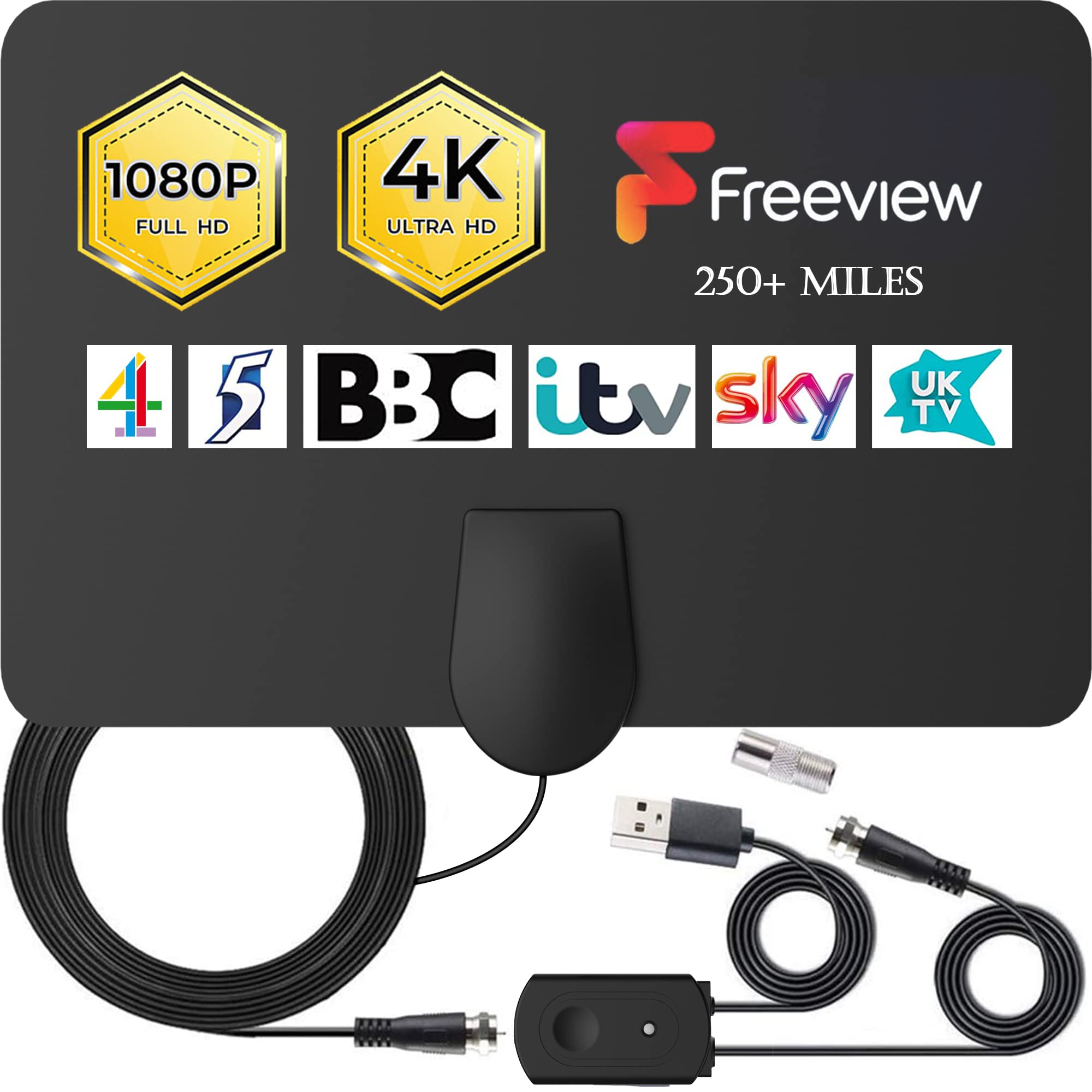 2023 Upgraded TCFTT Indoor TV Antenna with Signal Booster - 250+ Miles Long Range Reception, Supports 4K 1080P HDTV & Freeview TV, Includes 13 ft Coax Cable - Perfect for Home, Apartment, RV & Digital TV Reception