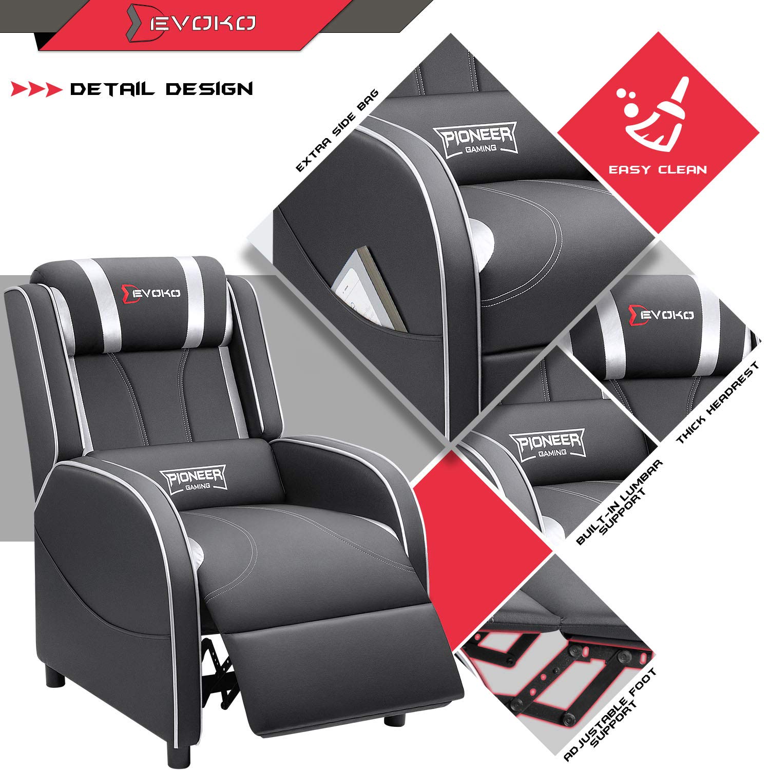 Devoko Massage Gaming Recliner Chair - PU Leather Home Theater Seating with Lumbar Support, Single Modern Living Room Recliner Sofa for Men & Women (Silver) - Perfect for Gaming, Movie Nights & Relaxation